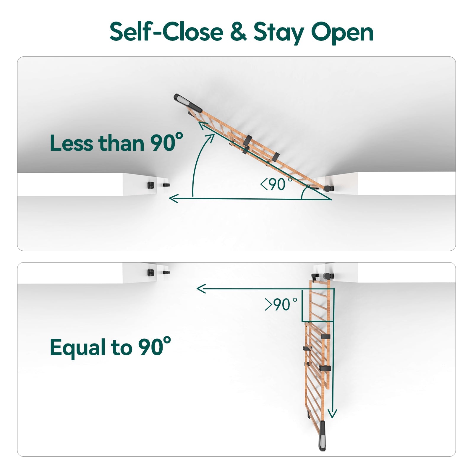 Babelio baby safety gate with wood pattern and metal frame, showing self-close and stay-open function at staircase setting.