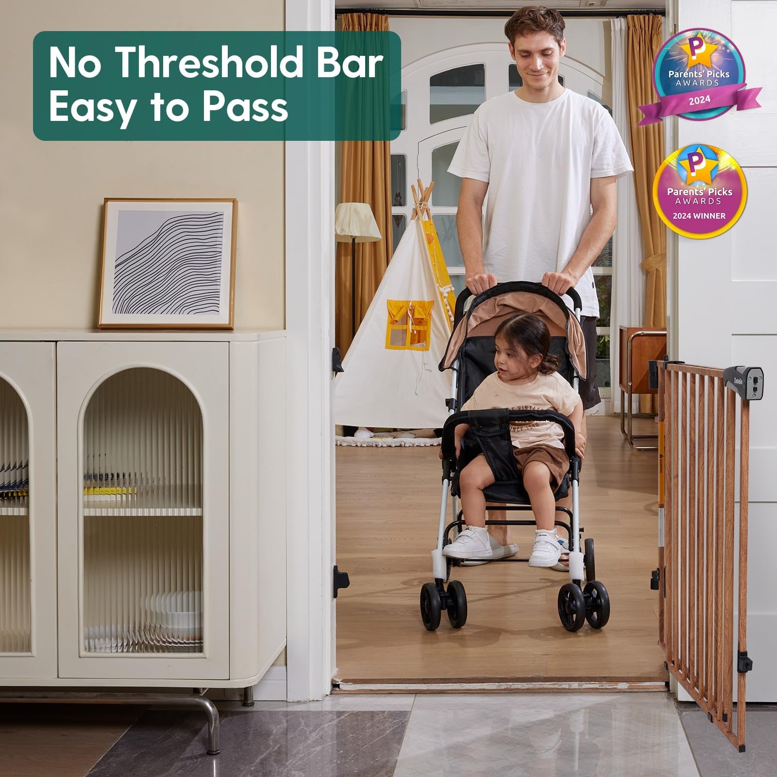 Babelio baby safety gate with wood pattern installed in a living room doorway, easy stroller access
