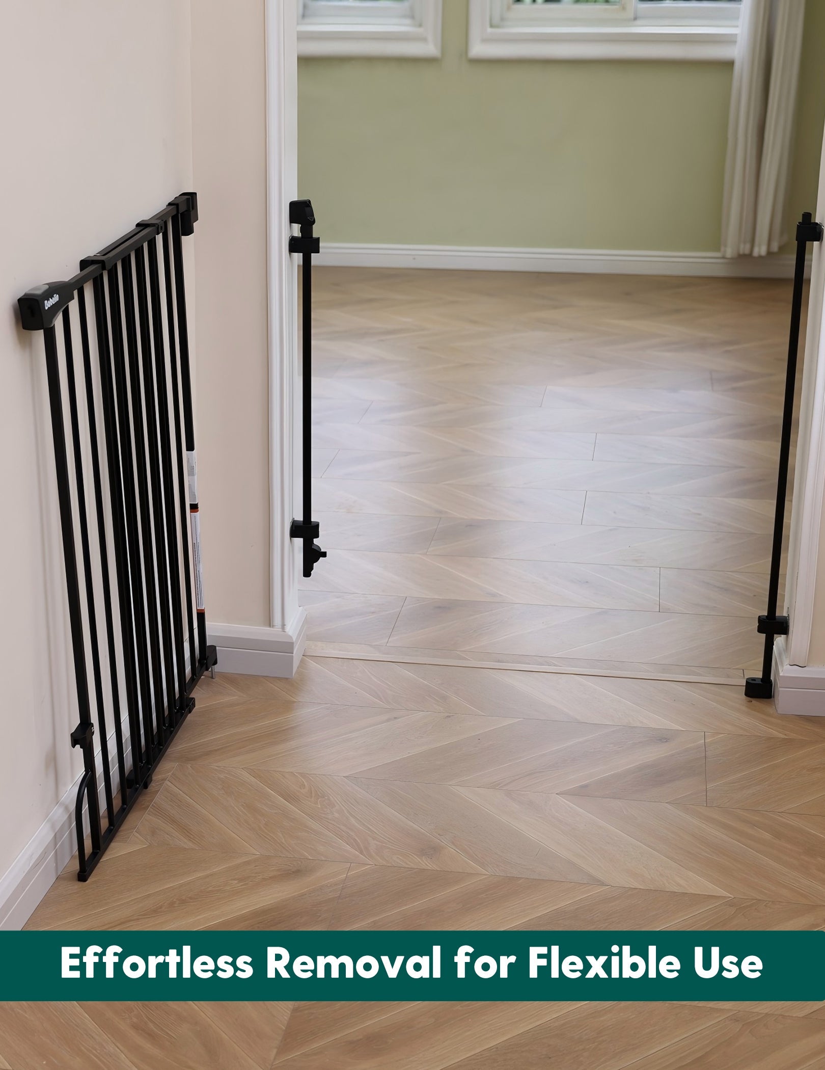 Babelio black baby safety gate for doorways, easily removable, shown in a modern living room