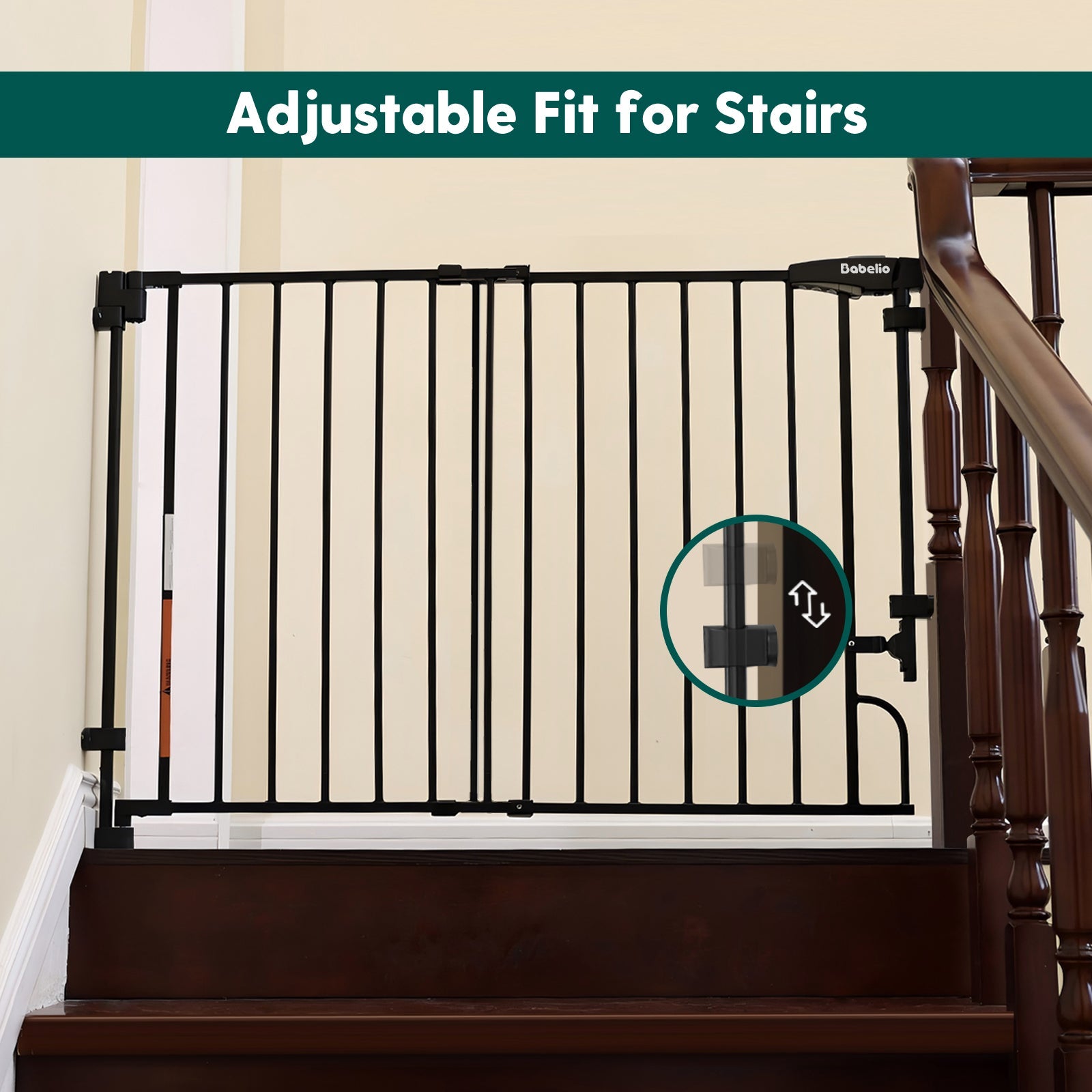 Babelio black baby safety gate installed on wooden stairway, adjustable secure fit for stairs