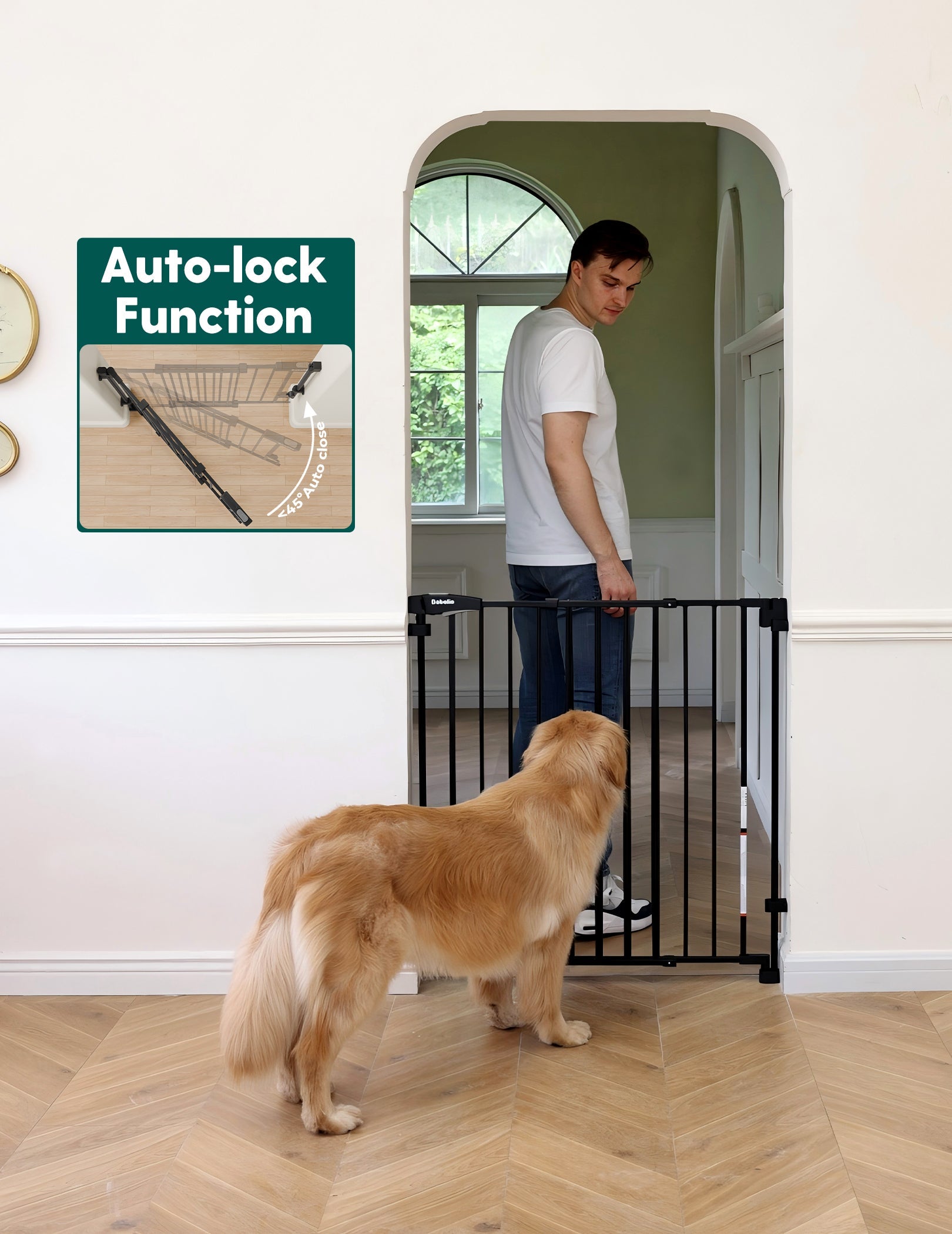 Babelio black baby safety gate with auto-lock in a hallway, man and dog by the gate