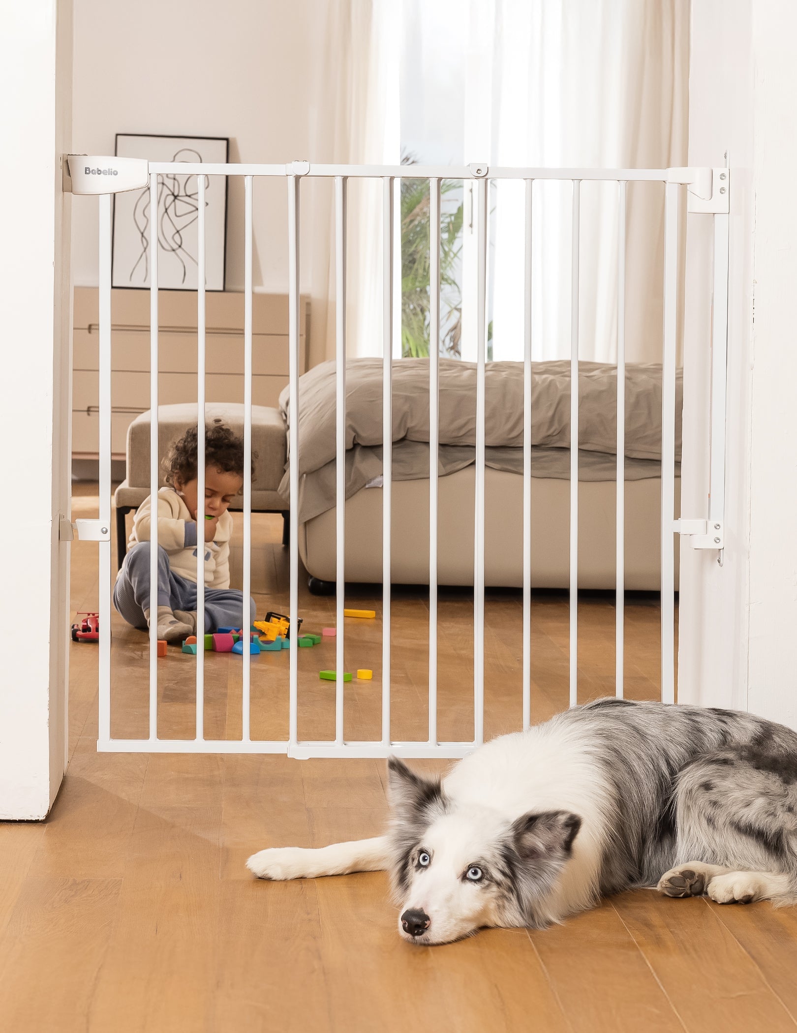 Babelio baby safety gate in a modern bedroom, with a child playing and a dog resting nearby