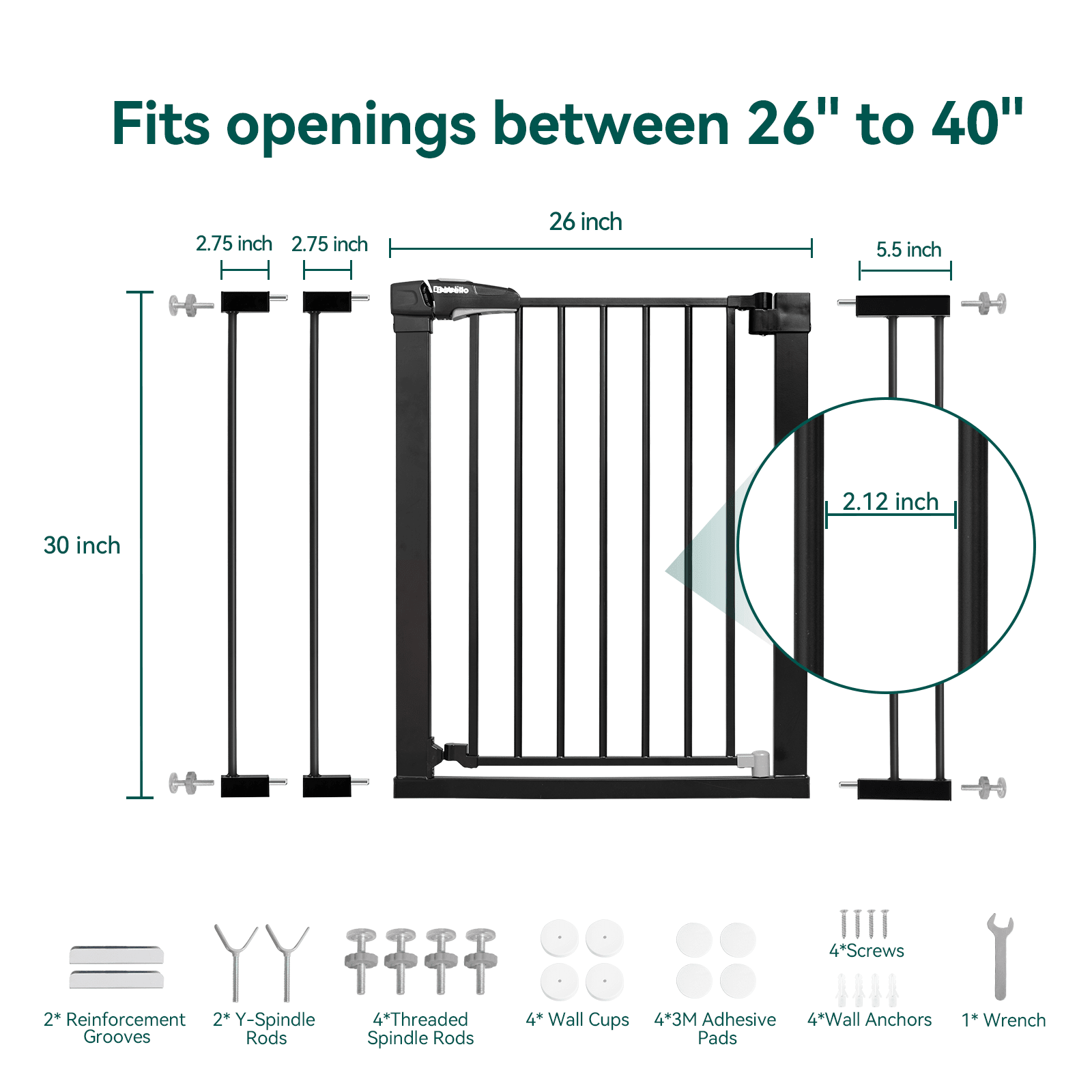 Babelio black baby safety gate with hardware kit, fits 26-40 inch openings, shown in detail.