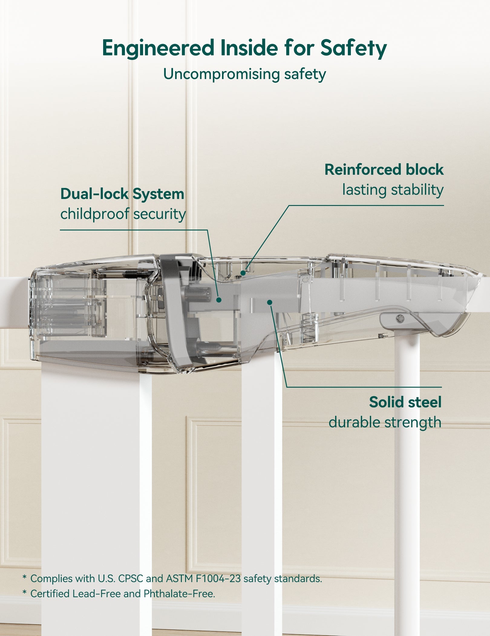 Babelio baby safety gate with dual-lock system and solid steel in a home interior setting#Color_White