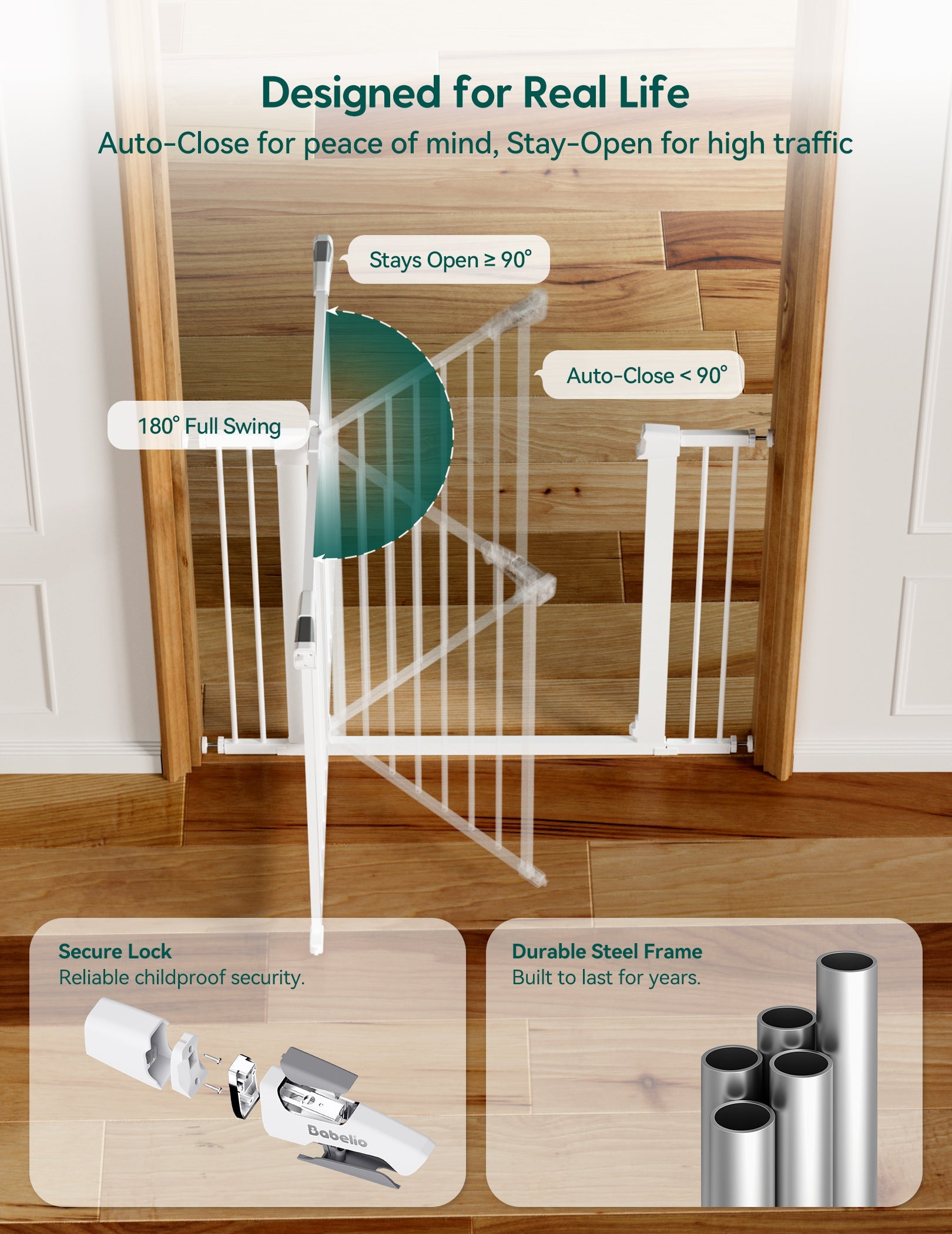 Babelio baby safety gate with secure lock and steel frame installed in a hallway#Color_White