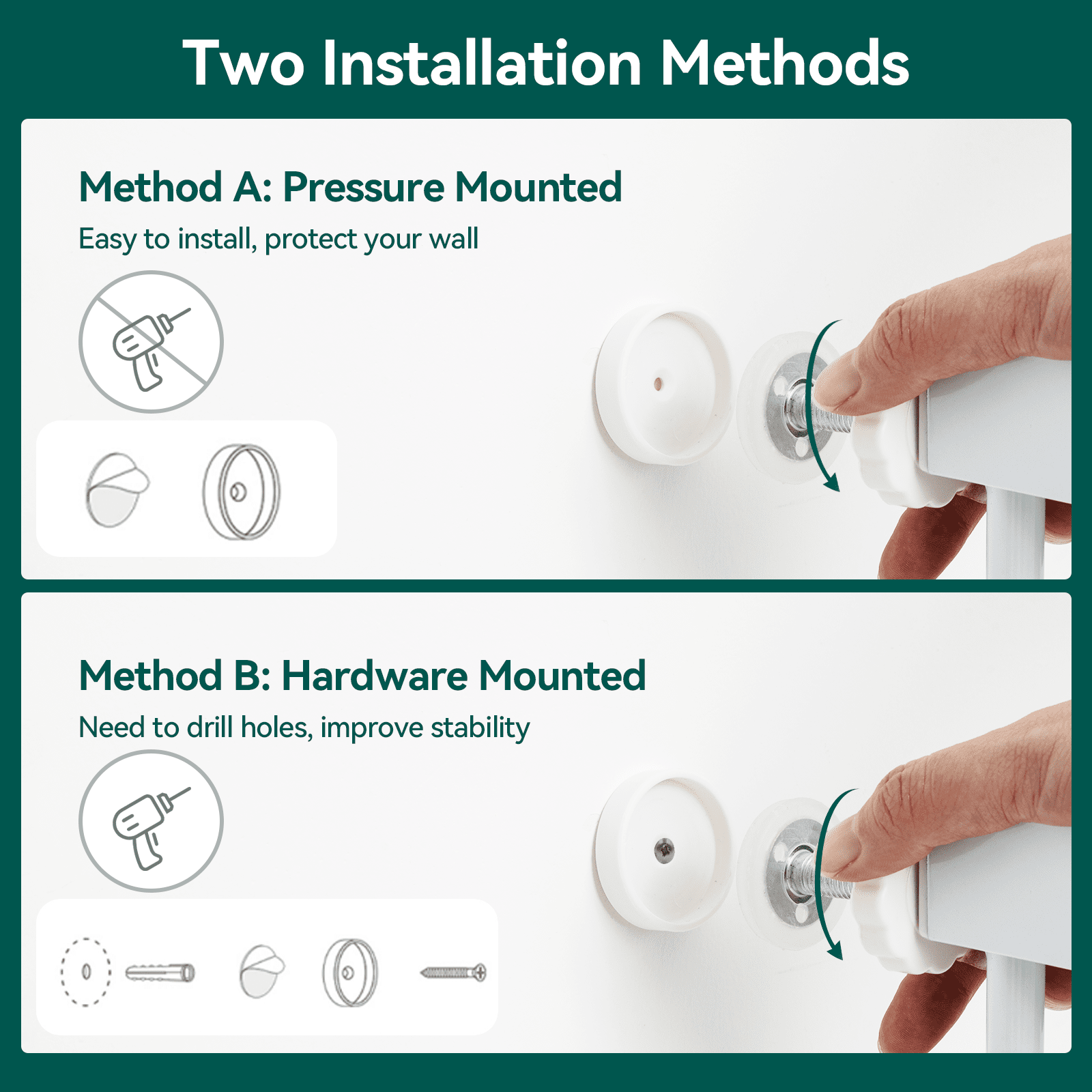 Babelio baby safety gate installation showing pressure and hardware mounting methods.