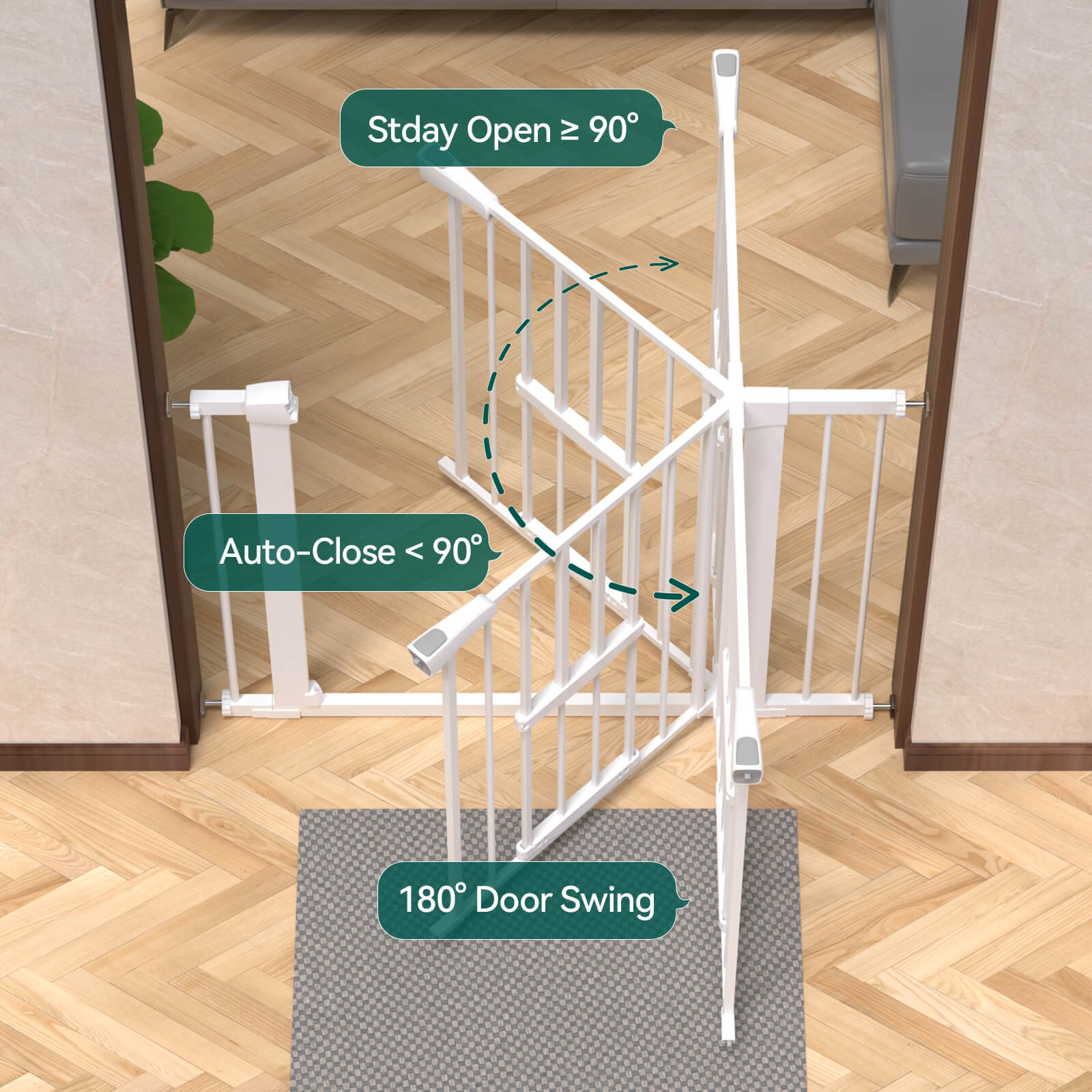 Babelio white expandable baby safety gate with adjustable cat door in hallway