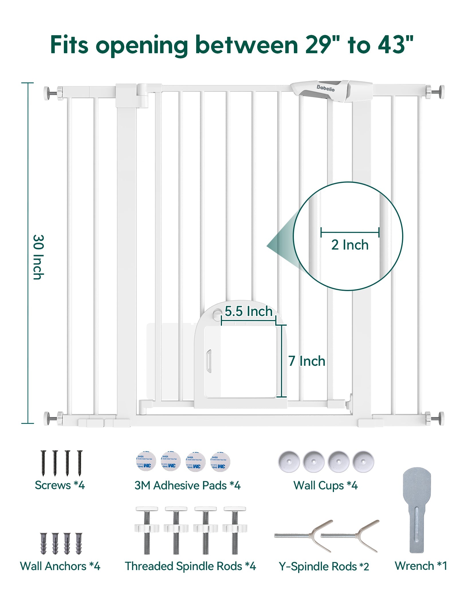 Babelio white expandable baby safety gate with cat door, installation hardware shown