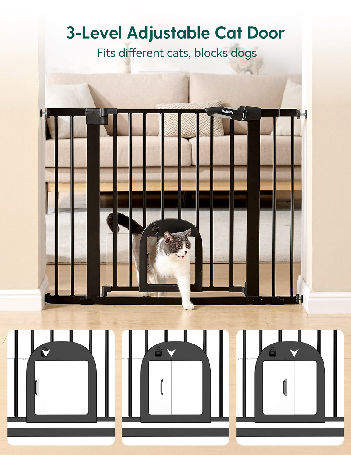 Babelio baby safety gate with adjustable cat door in a living room, cat passing through gate.