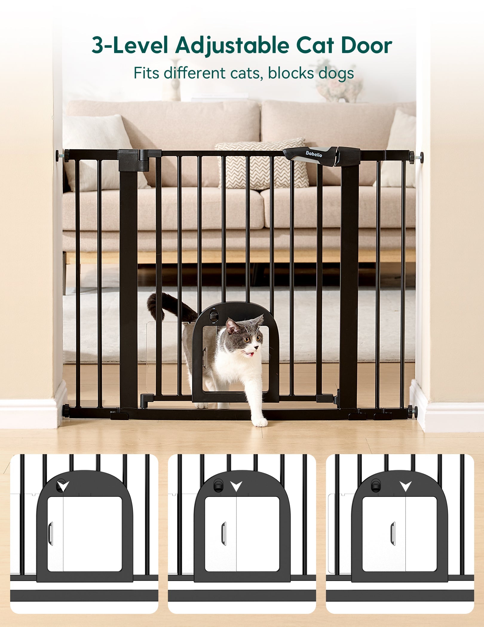 Babelio baby safety gate with adjustable cat door in a living room, cat passing through gate.