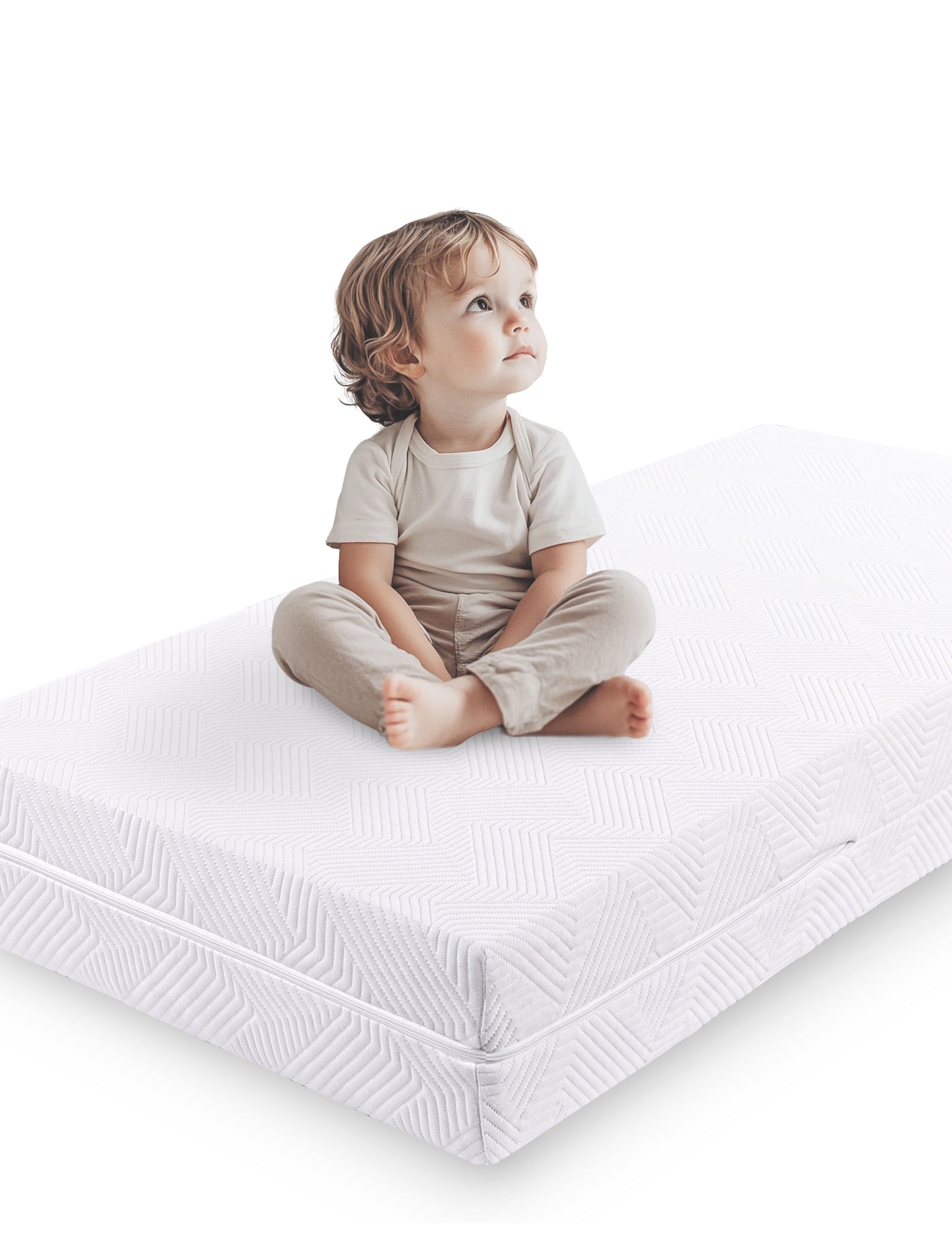 Babelio crib mattress with toddler sitting on top, modern nursery bedding