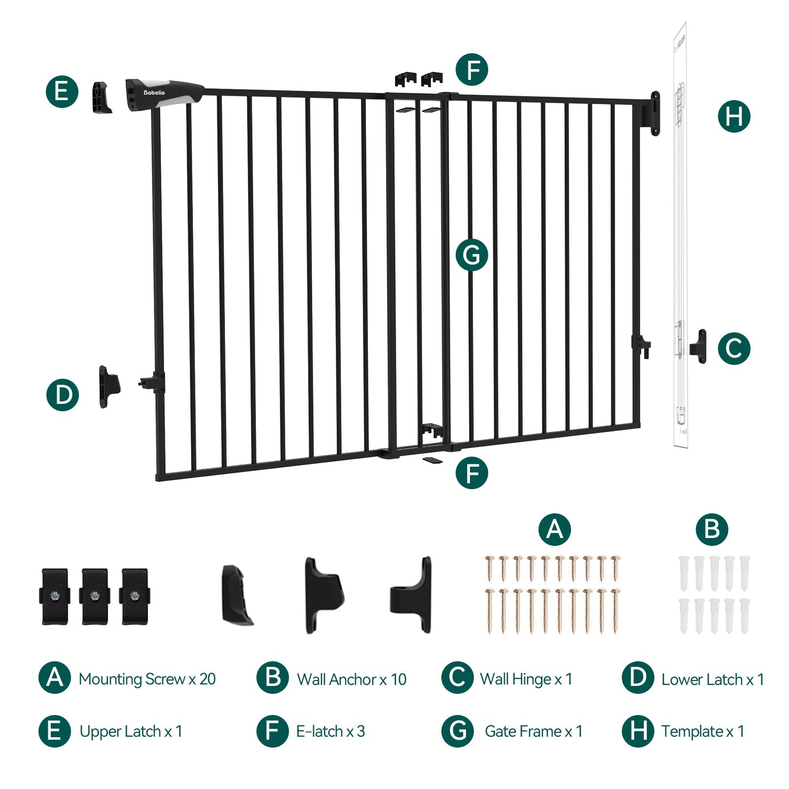 Babelio black baby safety gate with installation hardware and parts, ideal for modern homes.