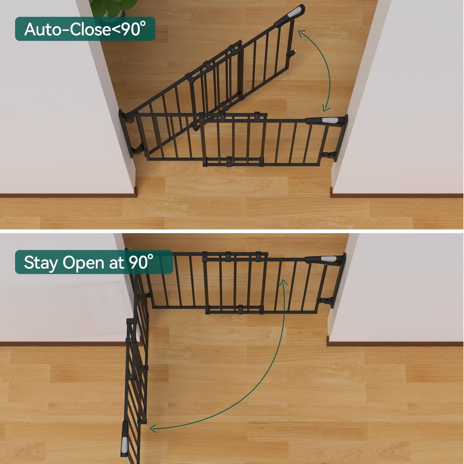 Babelio black baby safety gate with dual poles auto-closing and 90-degree stay open in hallway