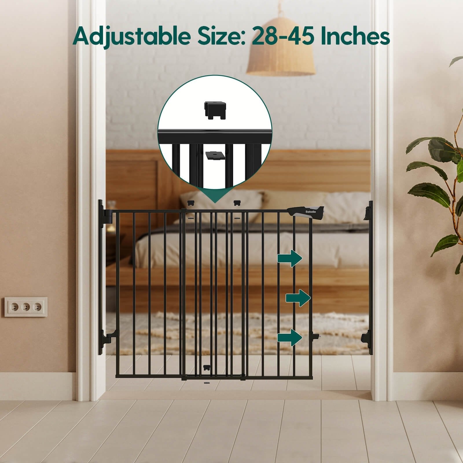 Babelio black baby safety gate installed in a bedroom doorway, adjustable size 28-45 inches.