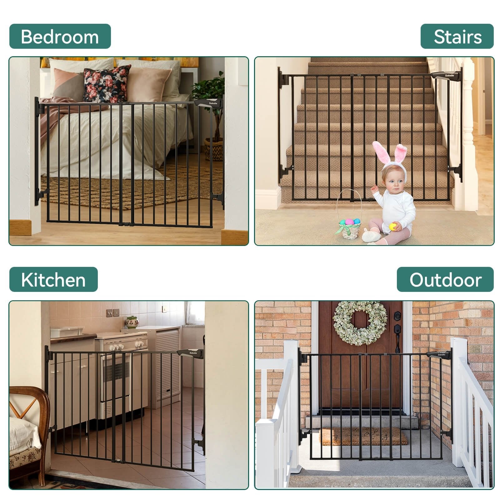 Babelio baby safety gate multi-pack shown in bedroom, stairs, kitchen, and outdoor settings