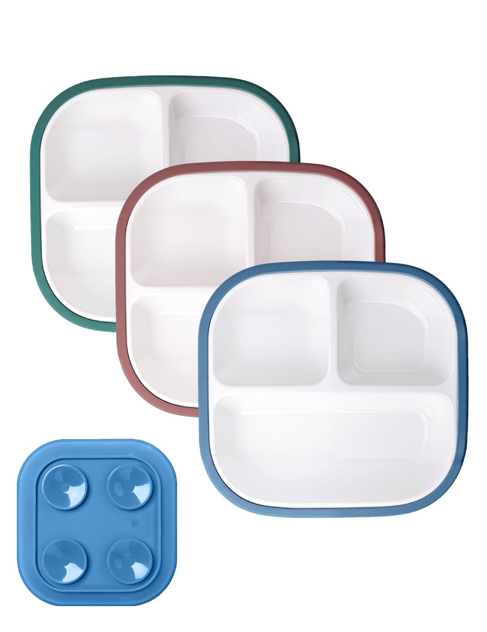 Gallery Porcelain | 8'' Toddler Porcelain Divided Plates with Suction Base - 3 Pack - babeliobaby - Blue/Matcha Green/Red - 
