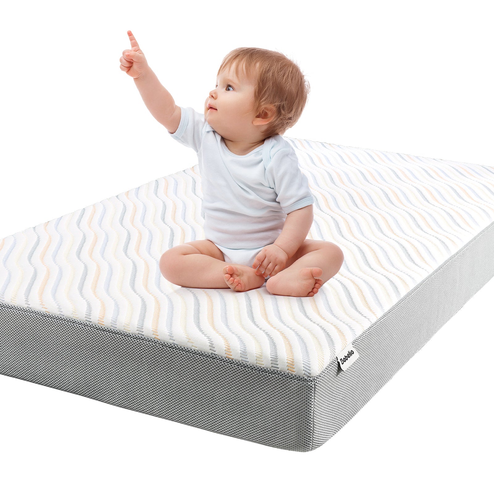 Babelio crib mattress with baby sitting on top, nursery bedding, modern design