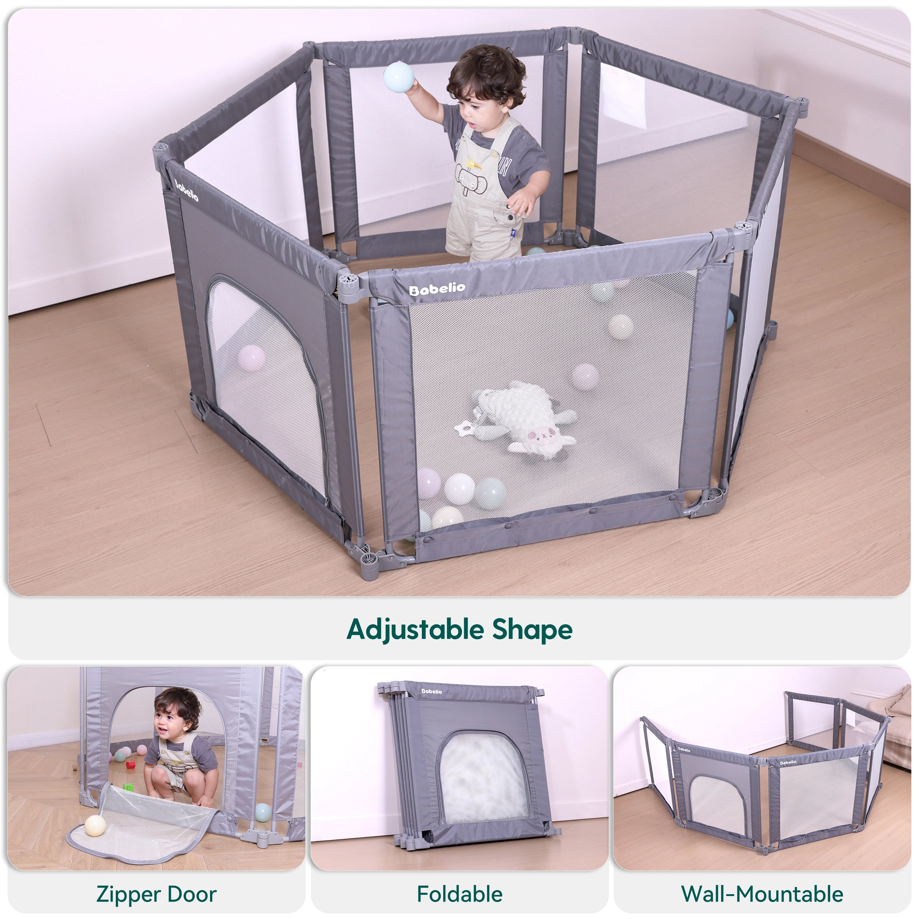 Babelio baby safety gate playpen in a nursery, featuring foldable, wall-mountable panels and zipper door.