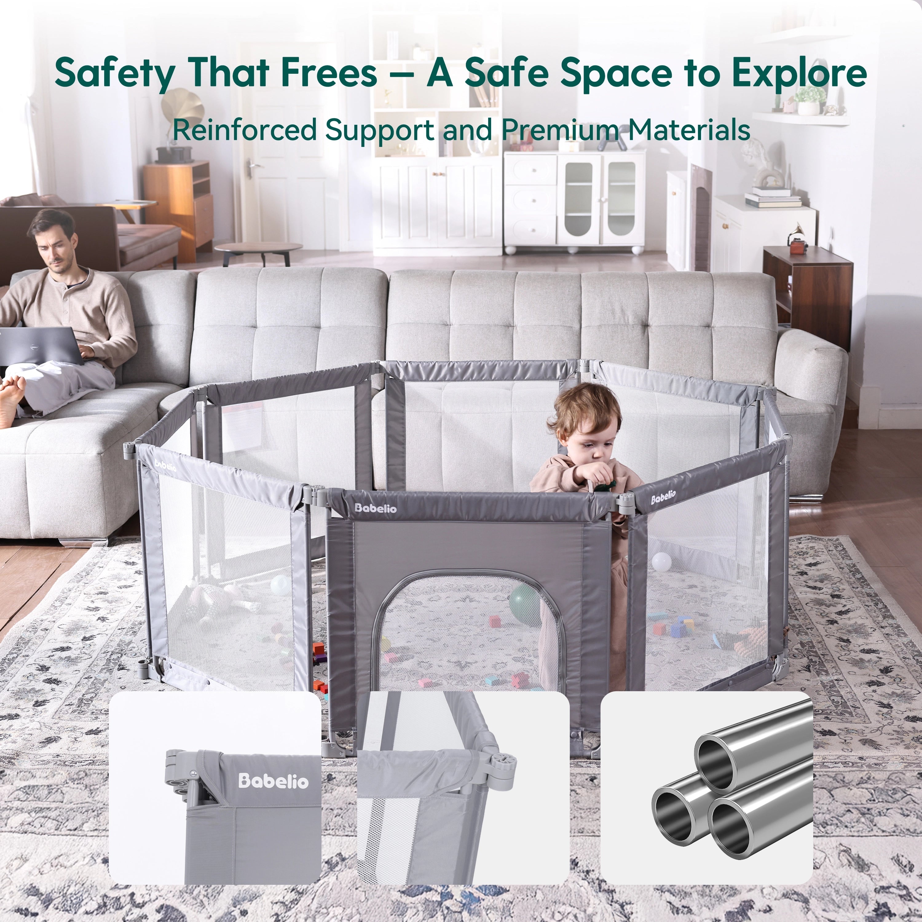 Babelio baby safety gate playpen in a modern living room with toddler and toys inside