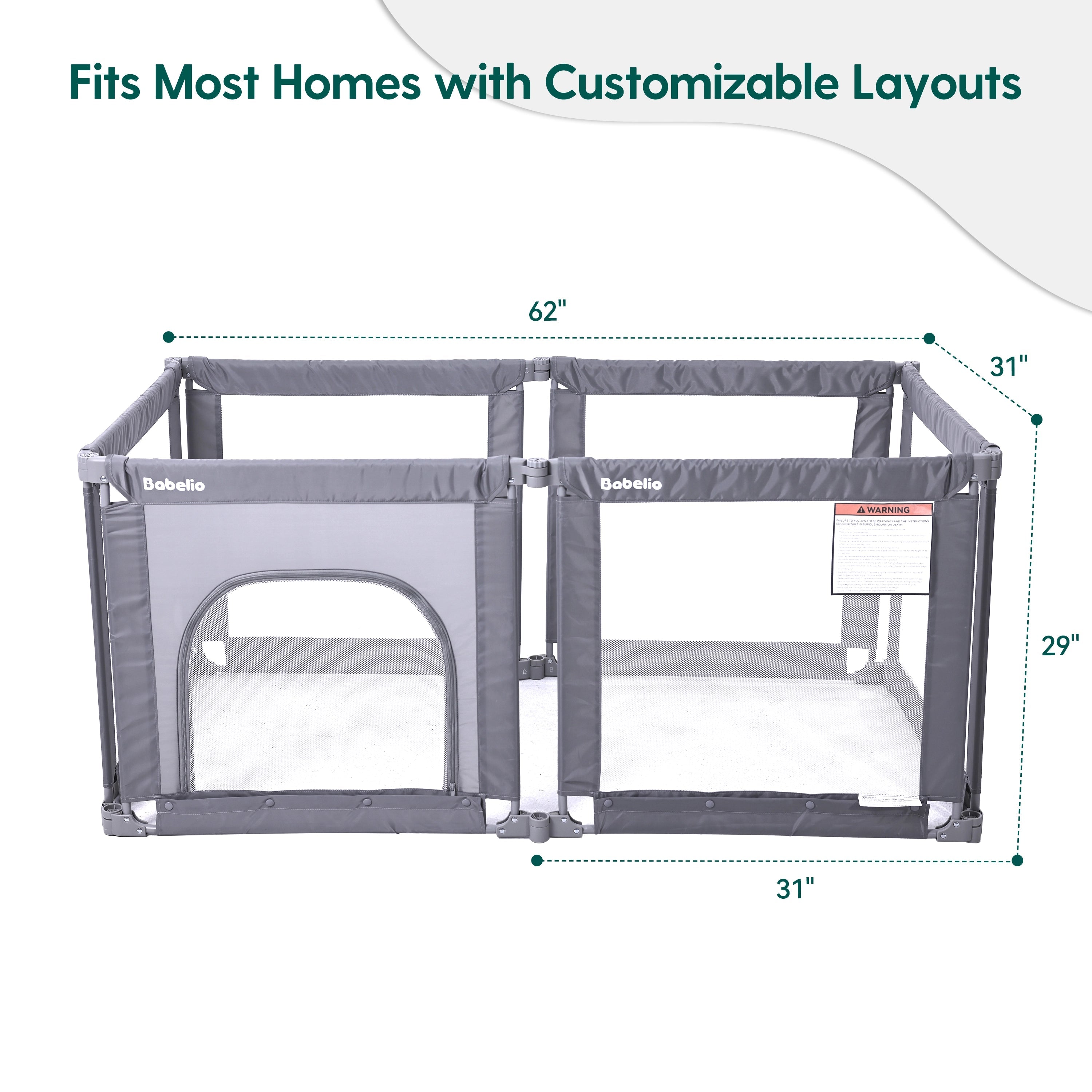 Babelio baby safety gate playpen in a living room with customizable gray panels.