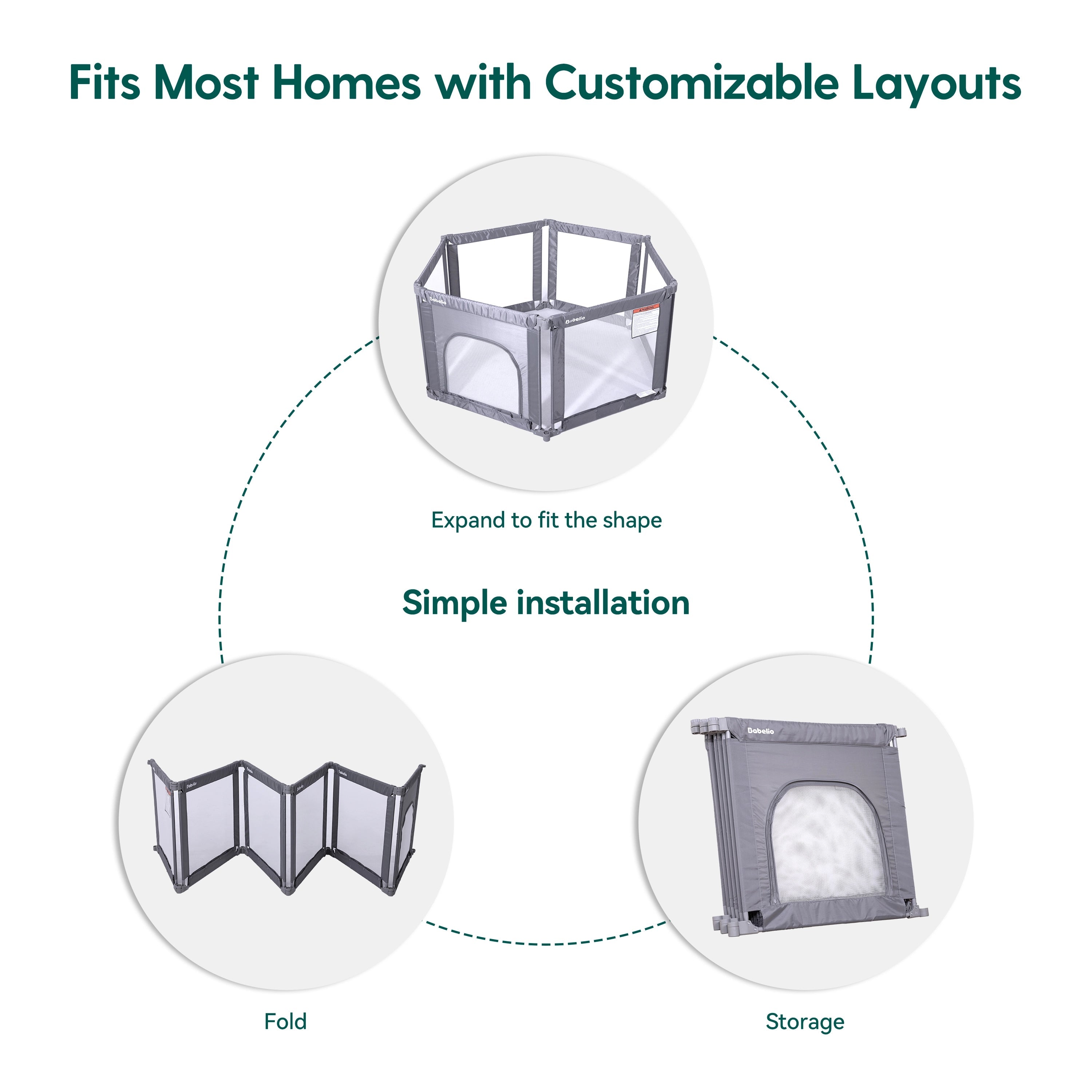 Babelio foldable baby safety gate playpen in grey, shown expanded, folded, and stored.