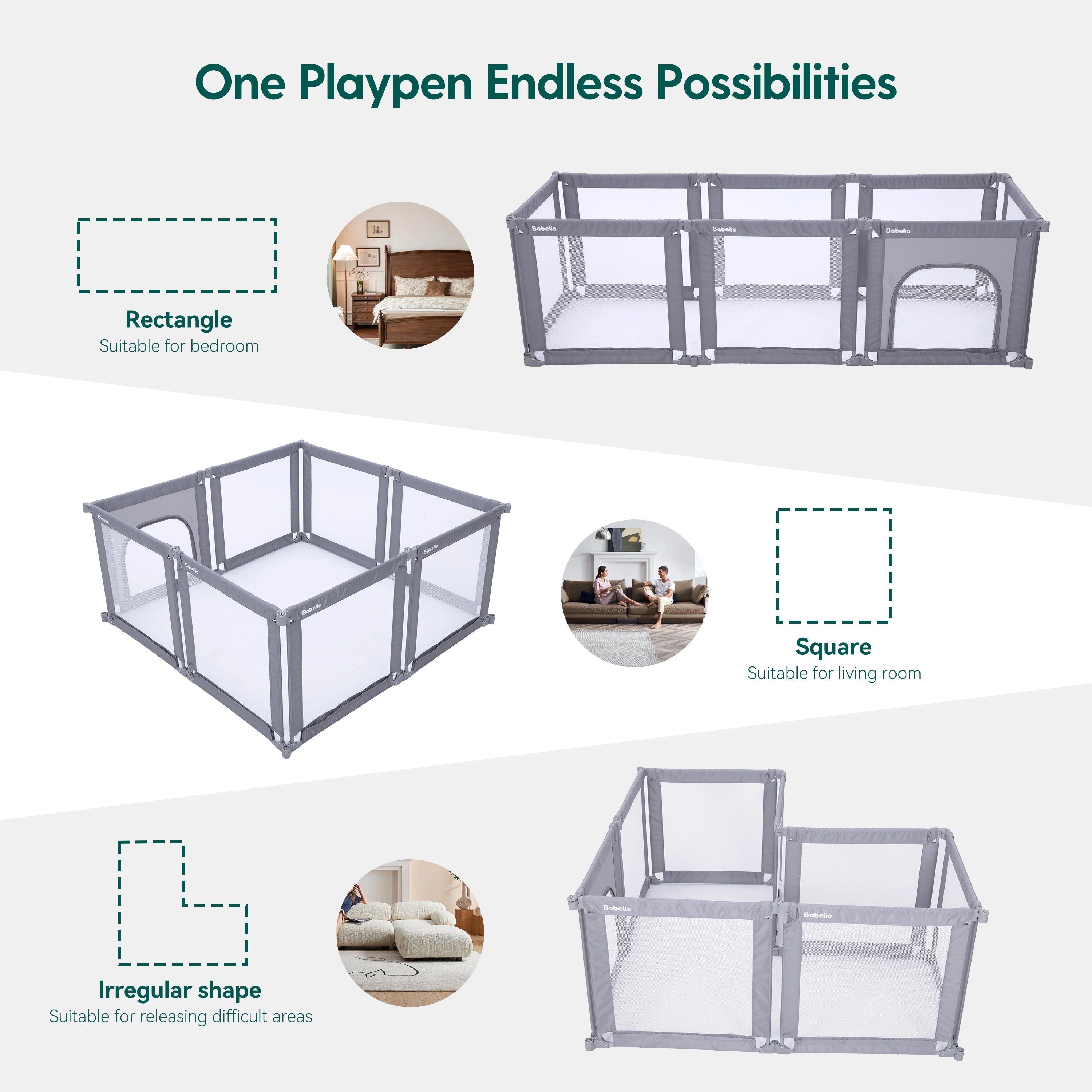 Babelio foldable baby safety gate playpen in gray, shown in bedroom and living room settings.