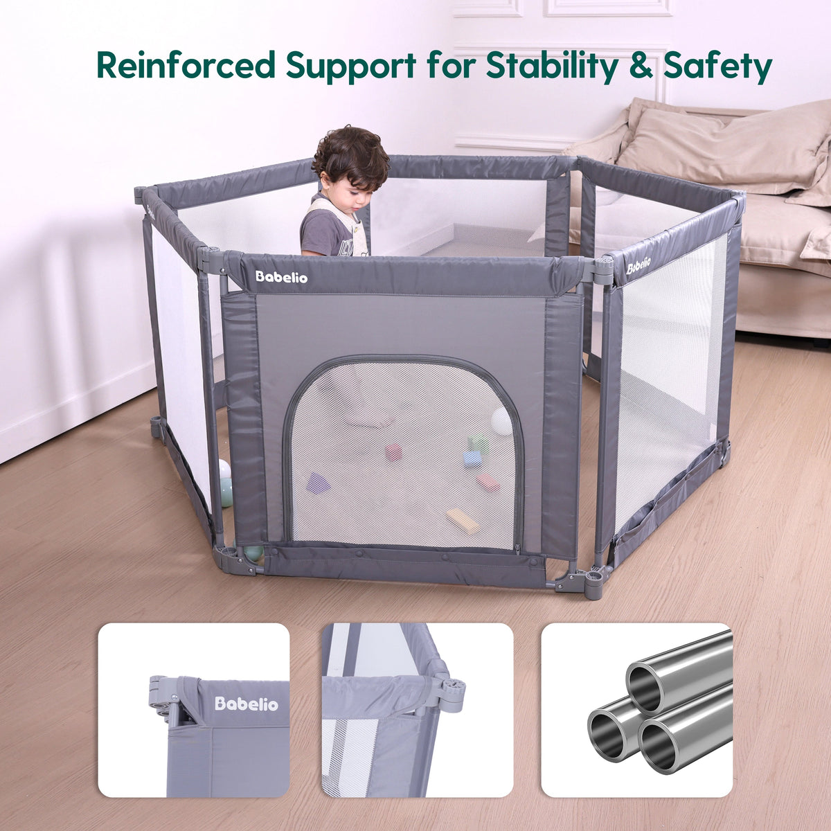 Babelio foldable baby safety gate playpen with toddler in a modern living room