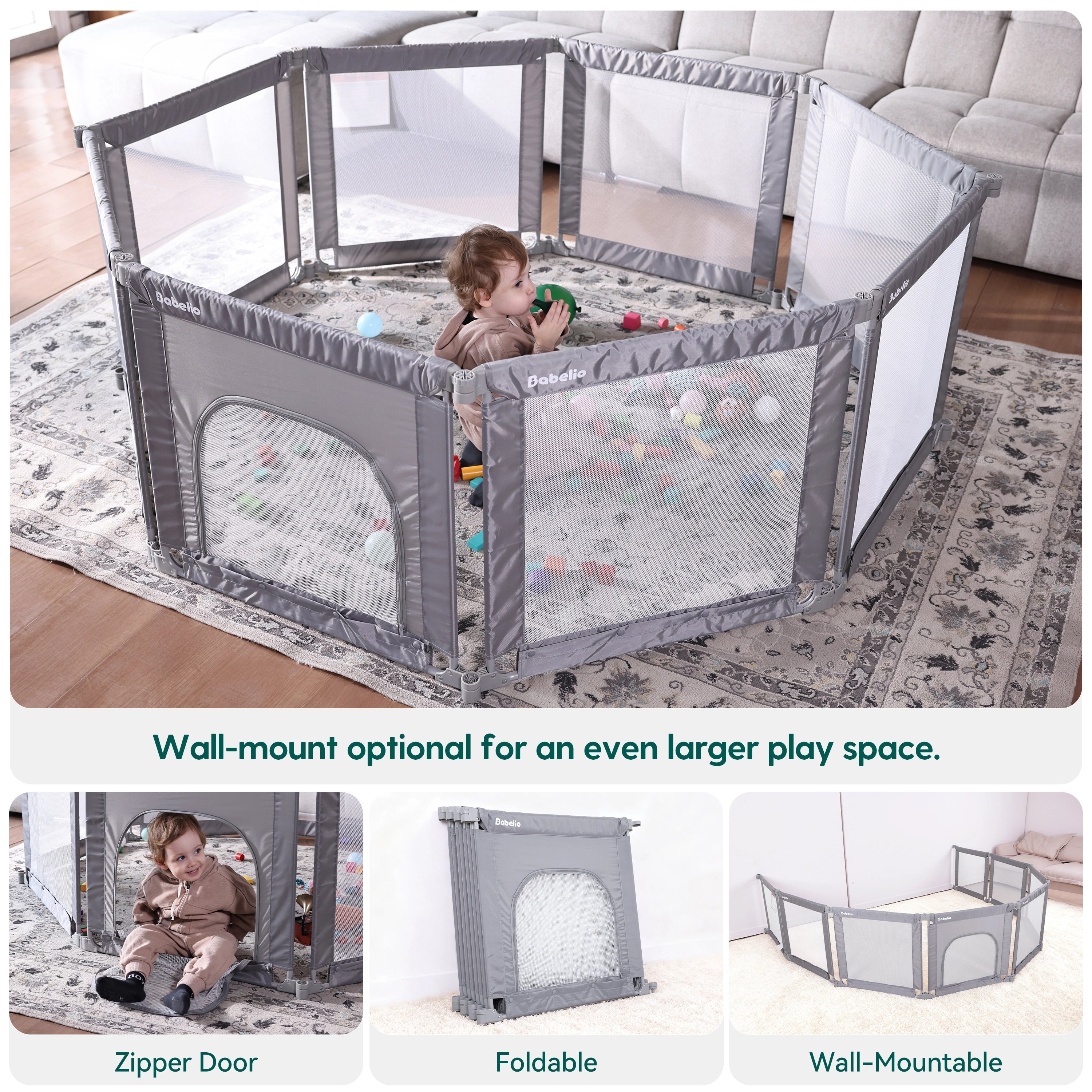 Babelio baby safety gate playpen in a living room, foldable, with zipper door and wall-mount option.