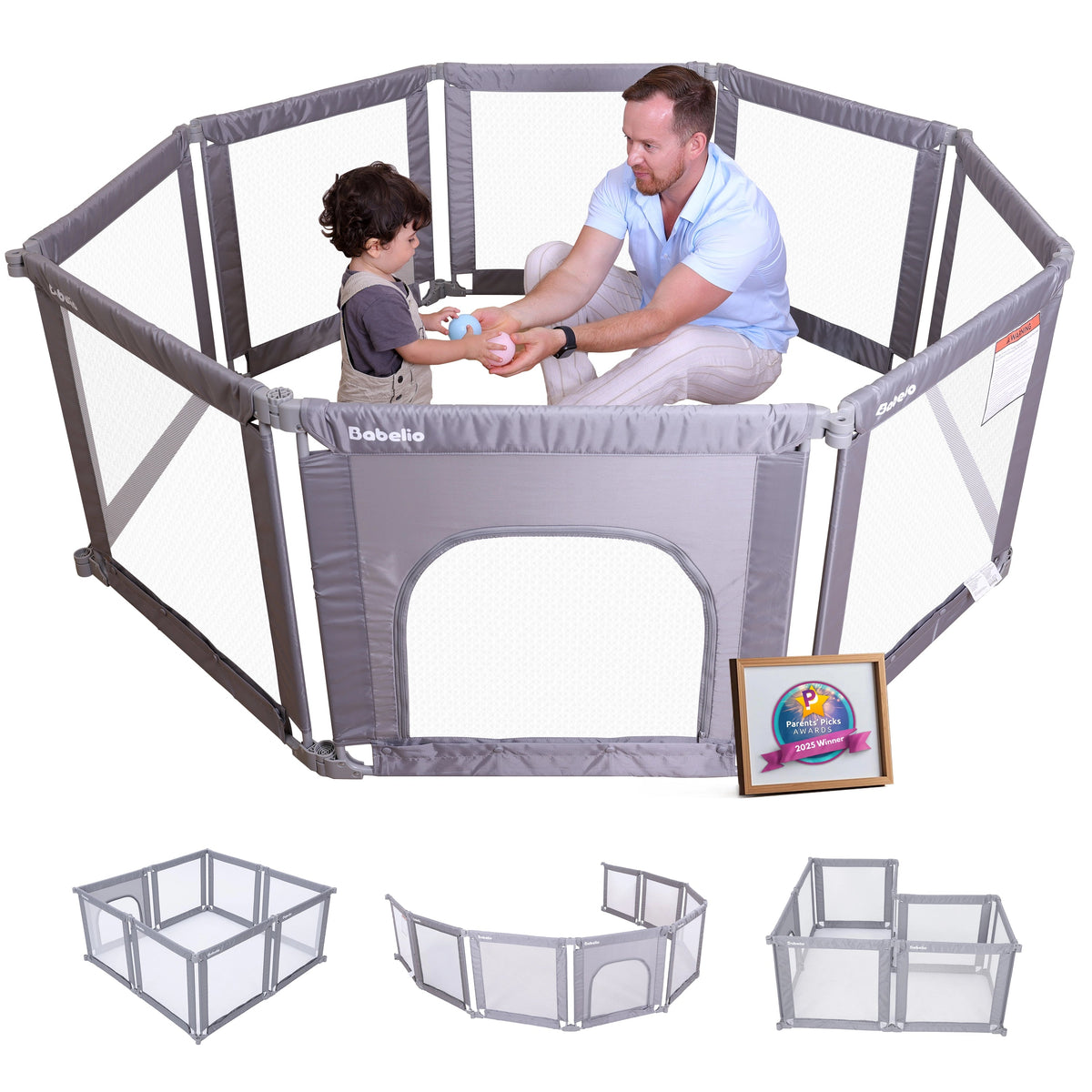 Babelio baby safety gate playpen in a nursery with adult and child inside, modular gray design.