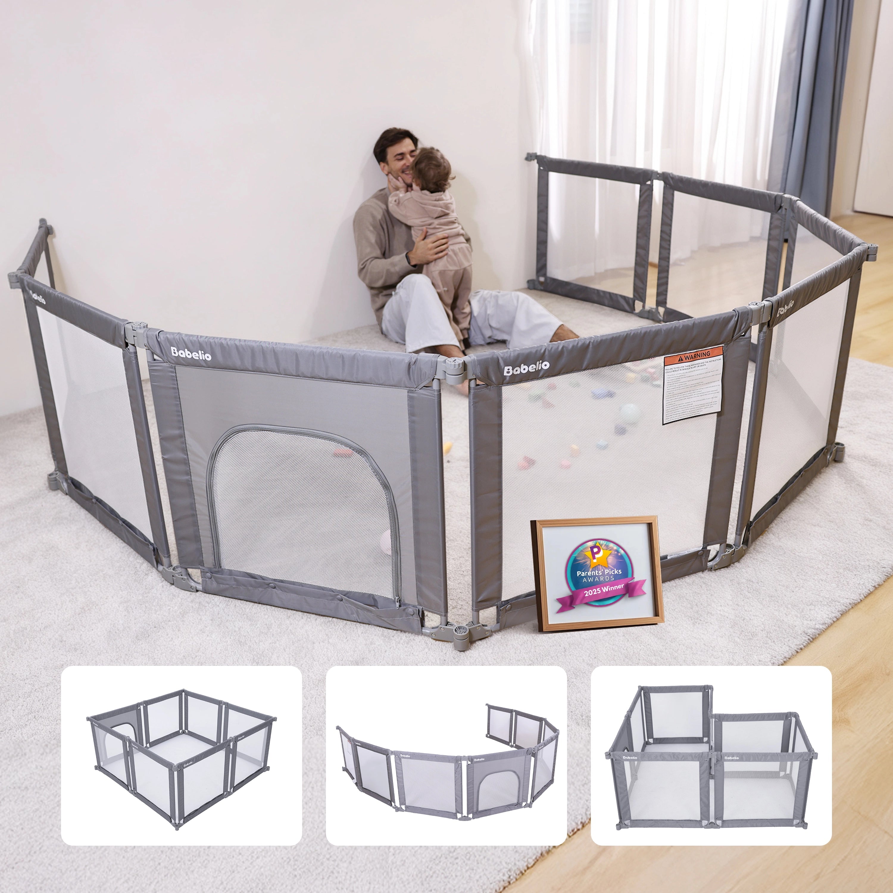 Babelio foldable baby safety gate playpen in a modern living room with father and child.