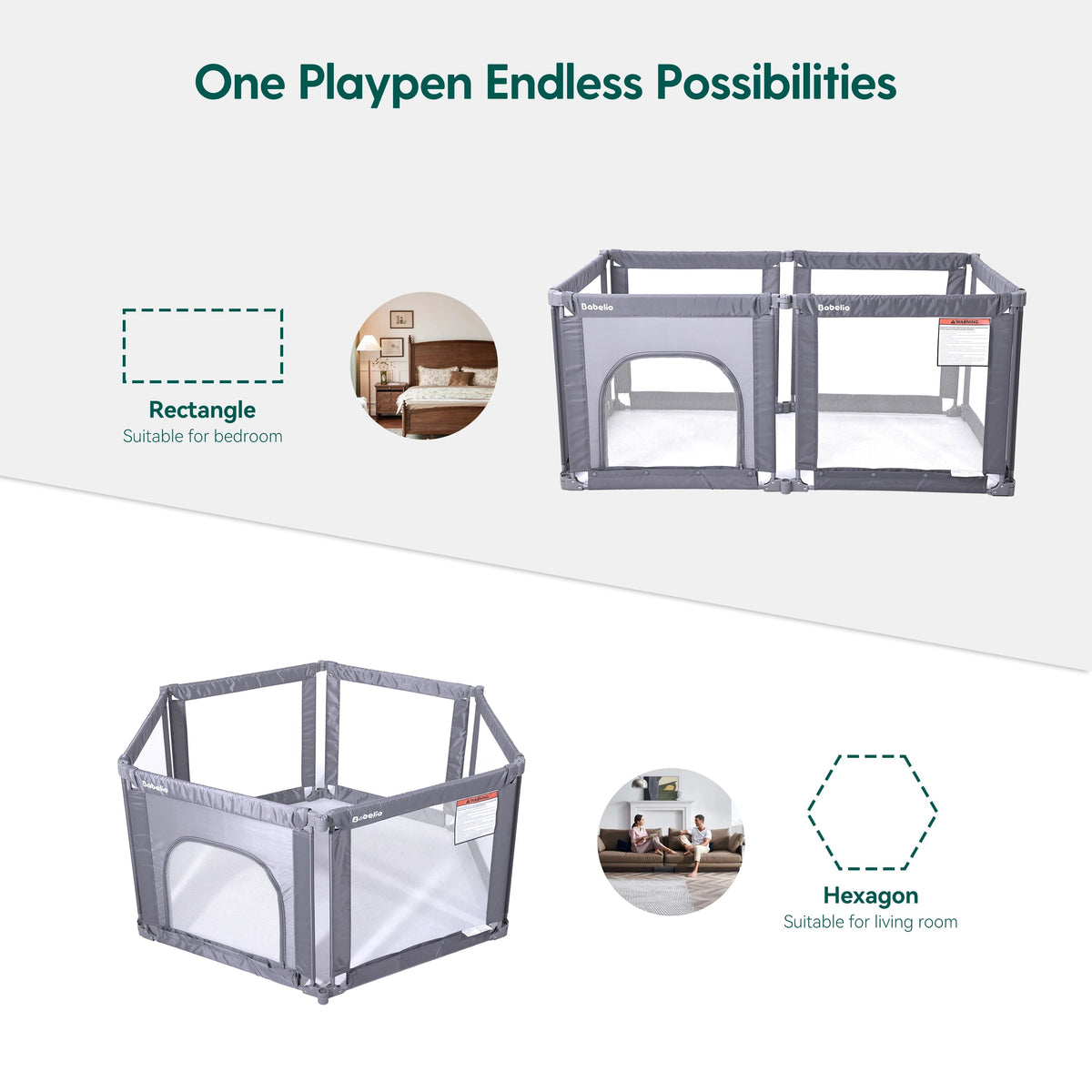 Babelio foldable baby safety gate playpen, rectangle and hexagon shapes, shown in bedroom and living room settings.