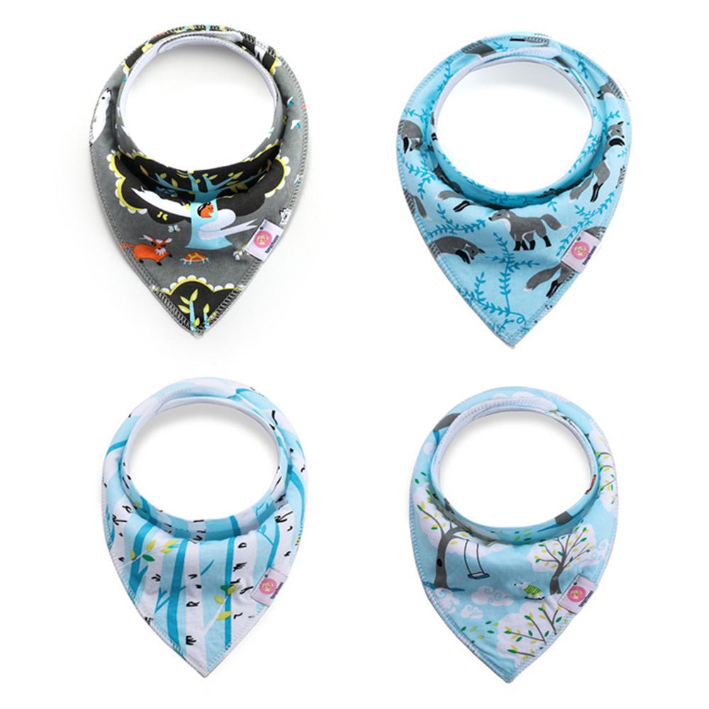 Babelio baby bibs with cute animal and tree prints, displayed on white background