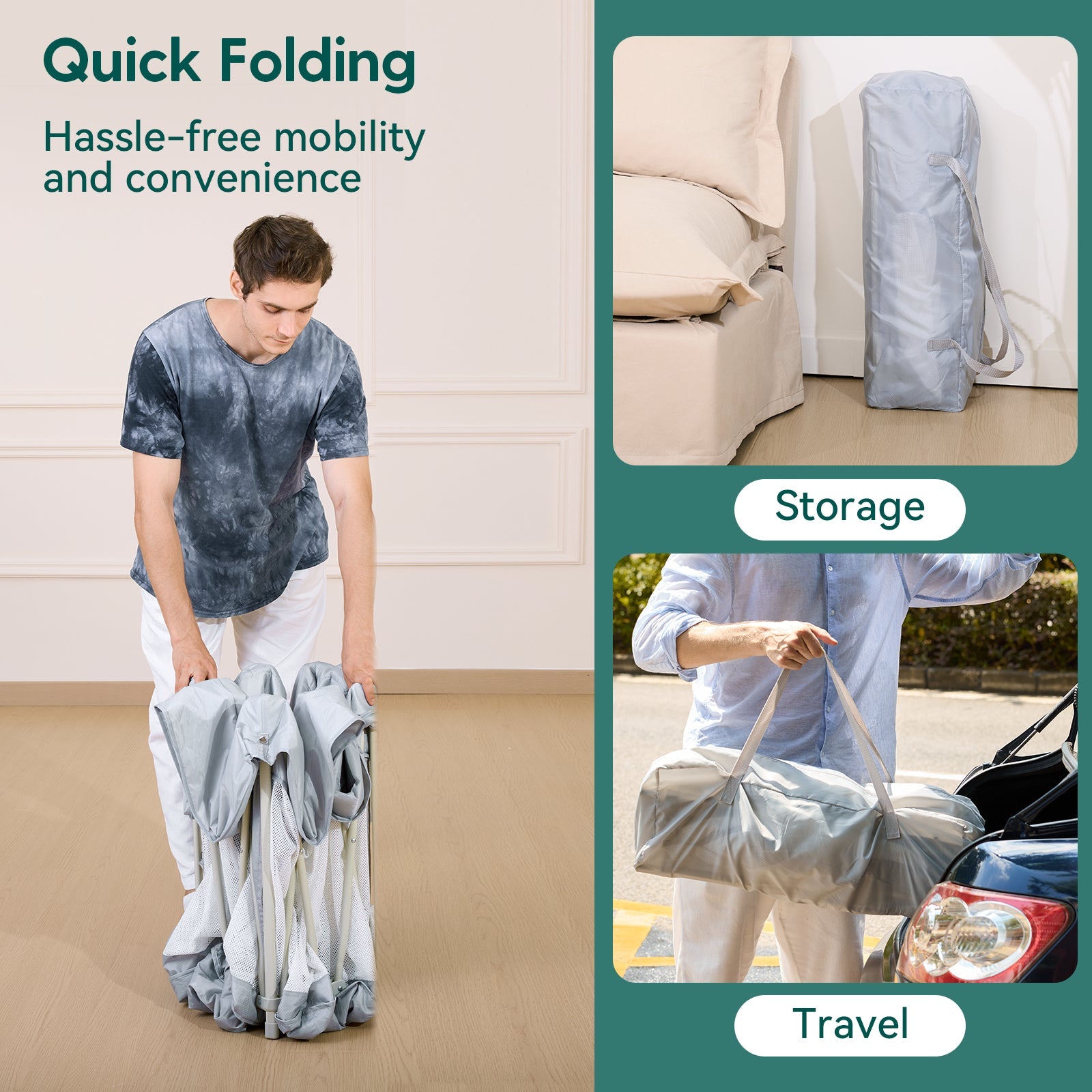 Babelio foldable baby safety gate for easy storage and travel in a modern home setting.