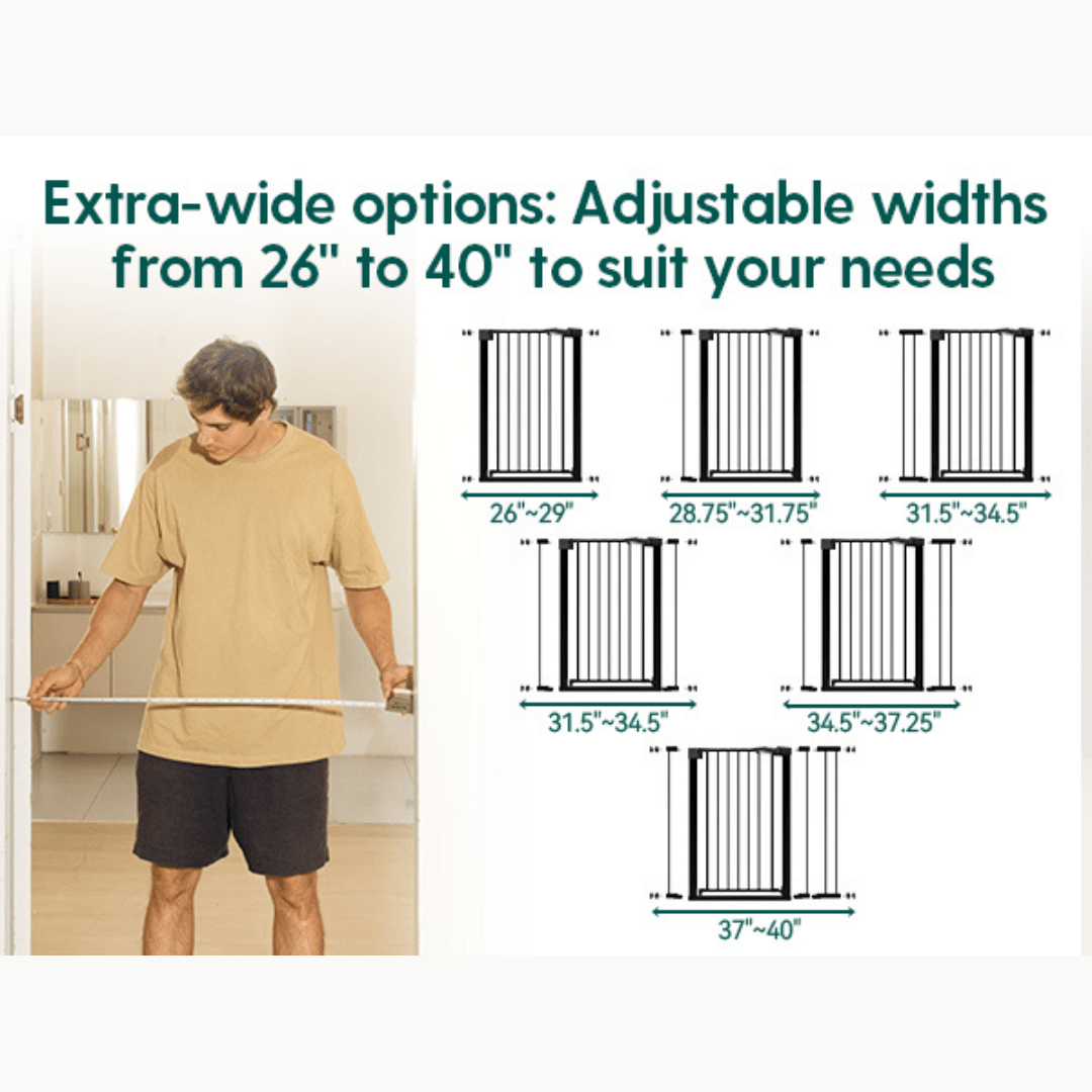 Babelio baby safety gate with adjustable width for doorways or stairs, shown in home setting