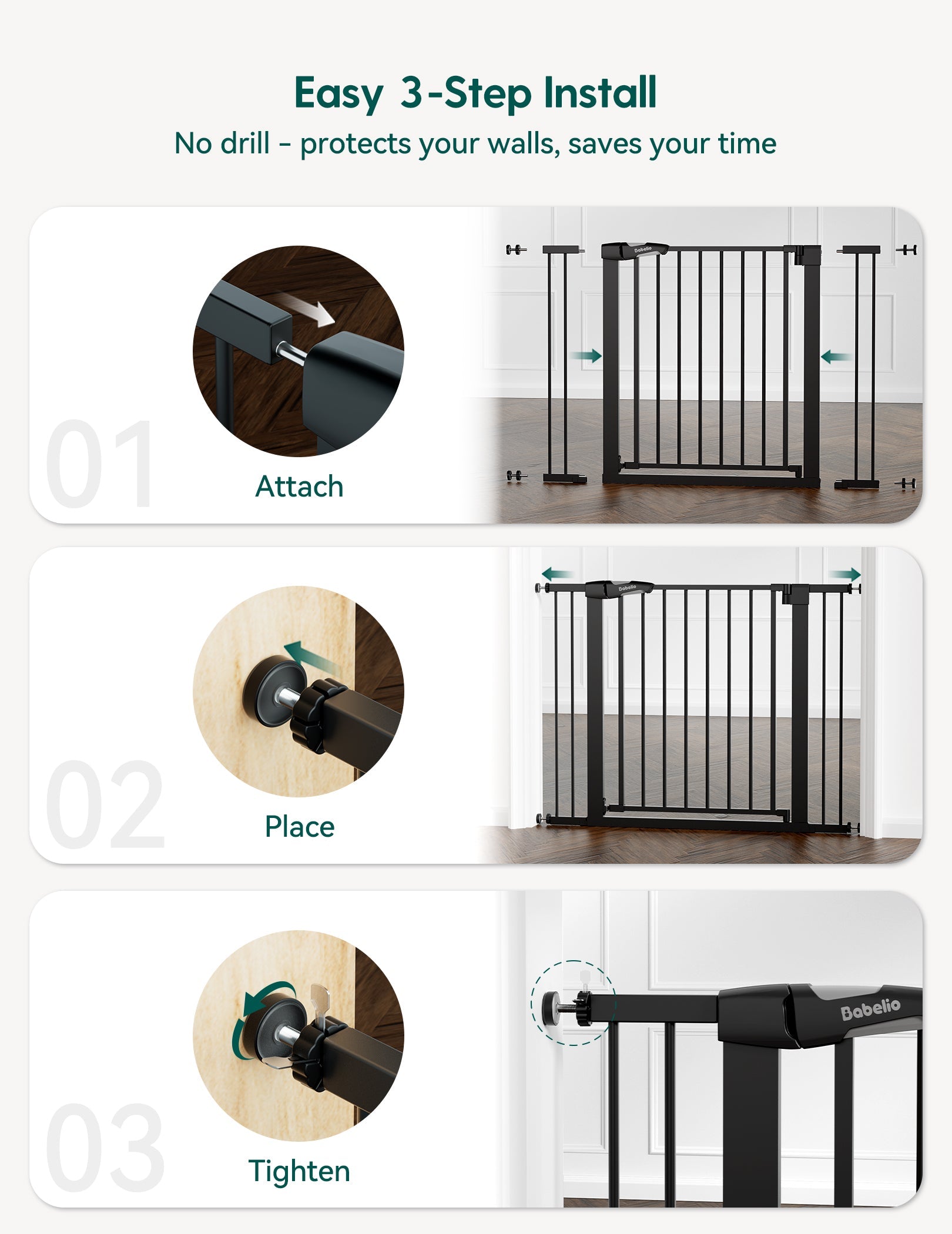 Babelio black baby safety gate easy no-drill installation on stairs in modern hallway