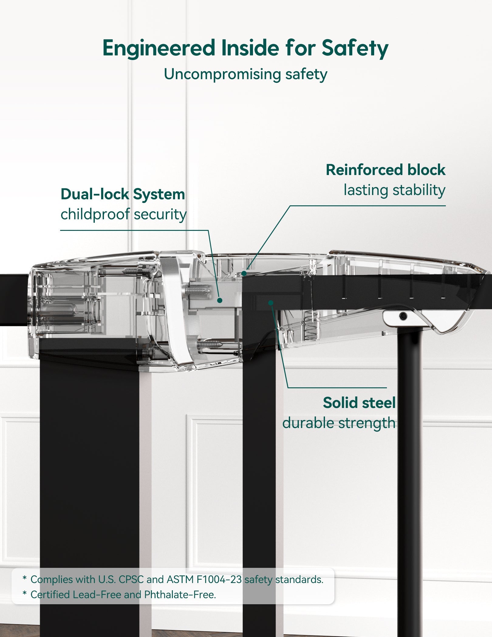 Babelio pressure-mounted baby safety gate with dual-lock system, shown on stairway indoors