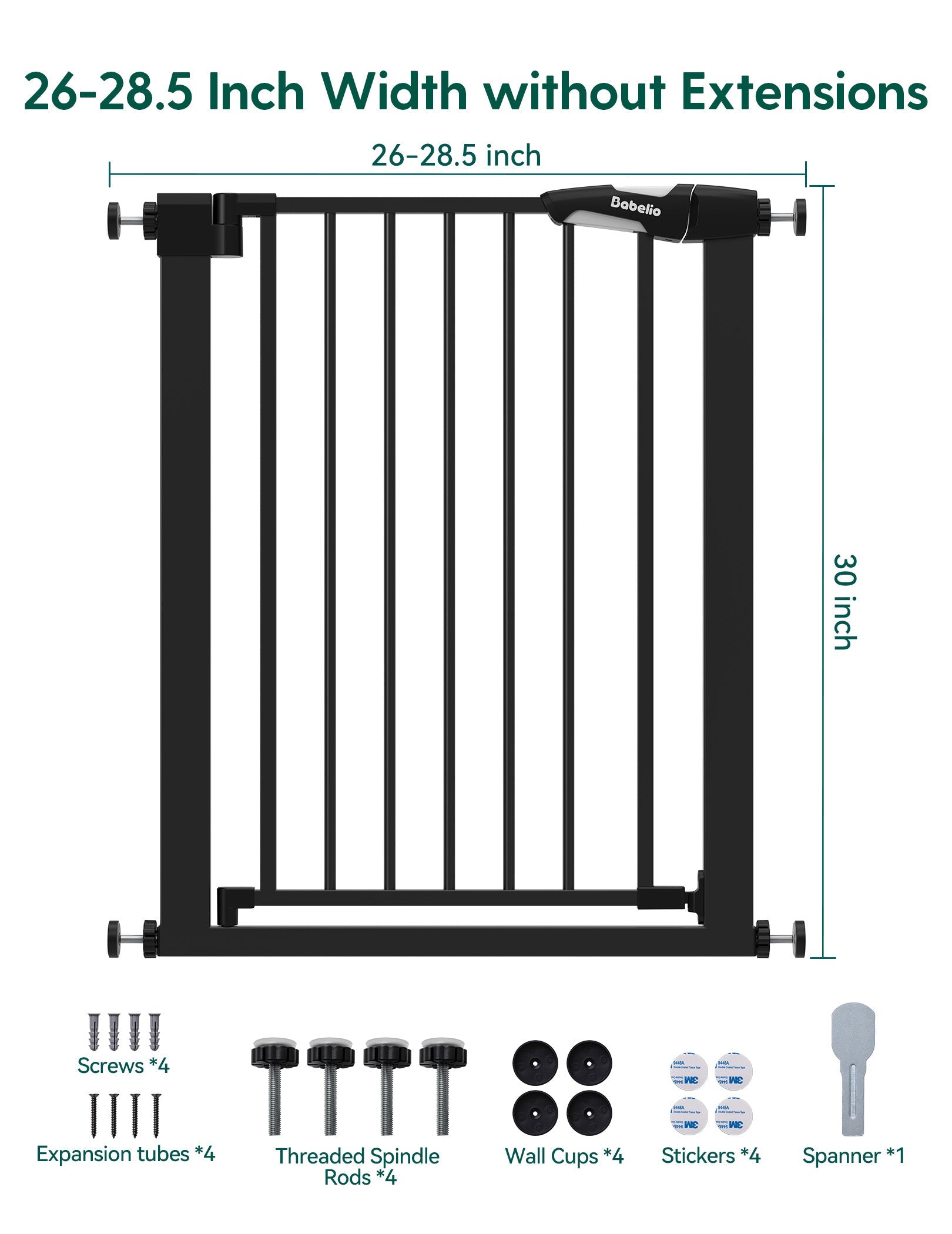 Babelio black baby safety gate with installation kit, suitable for stairs or hallway use.