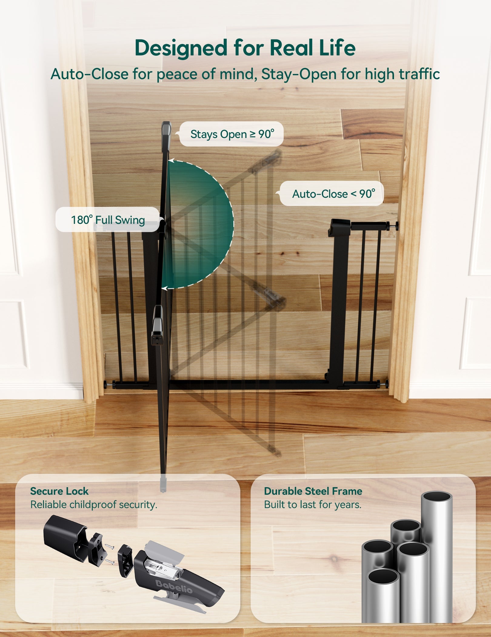Babelio baby safety gate for stairs, pressure-mounted in a hallway with wood flooring.
#Black