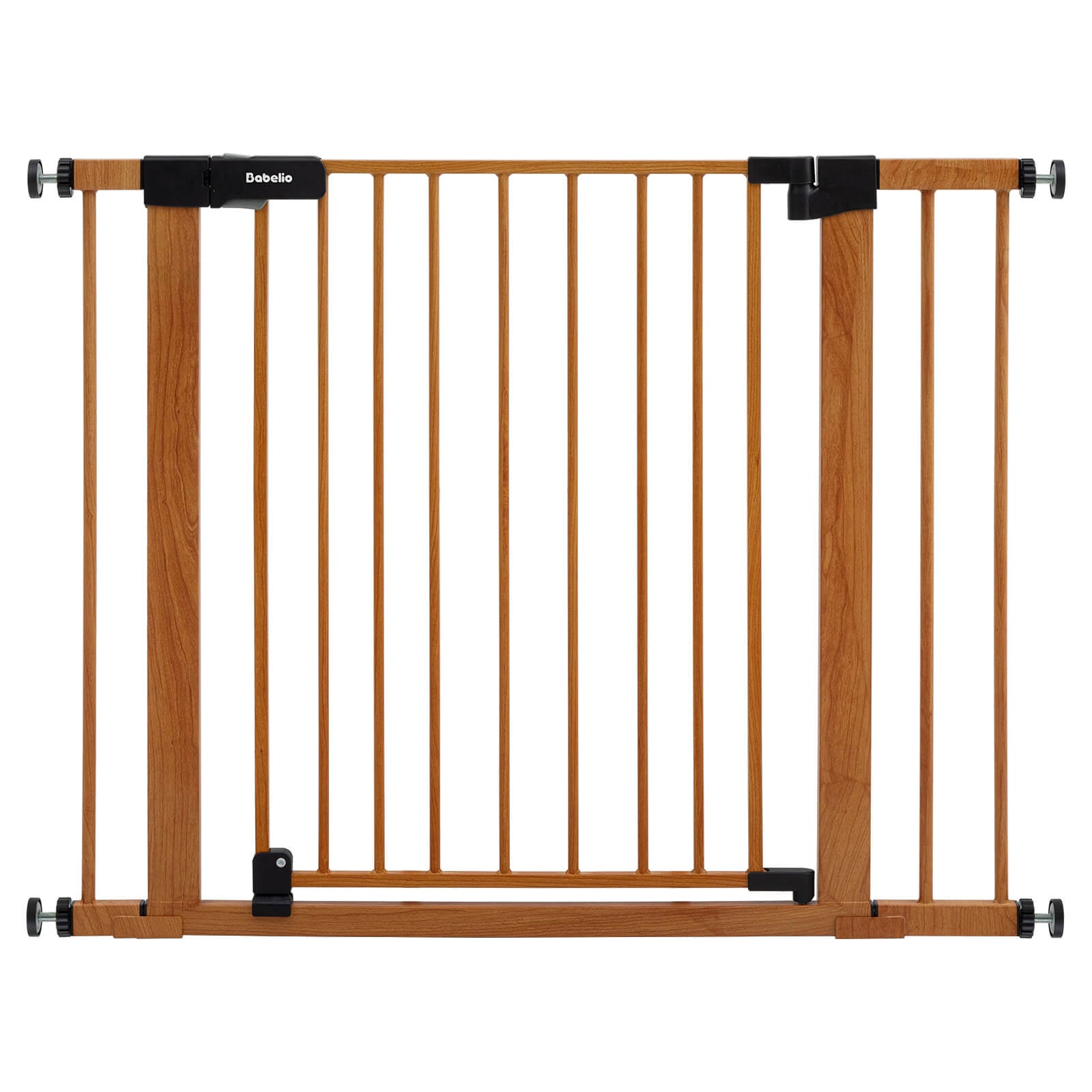Babelio wooden baby safety gate with black hardware, pressure-mounted for stairs or hallway.