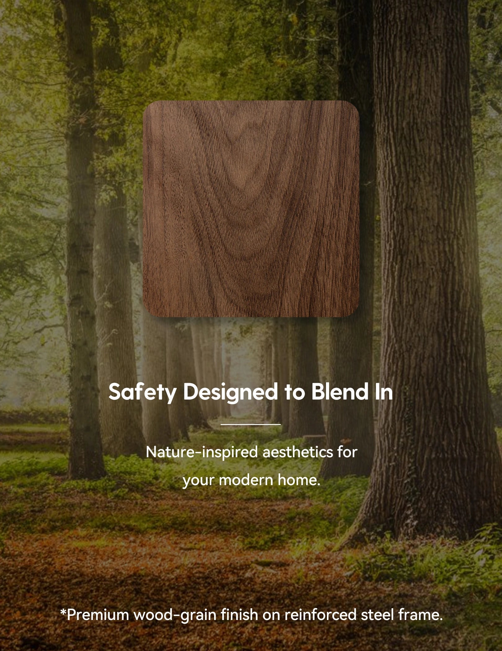 Babelio baby safety gate wood-grain finish sample in forest setting, nature-inspired design. #Color_Brown Wood Pattern