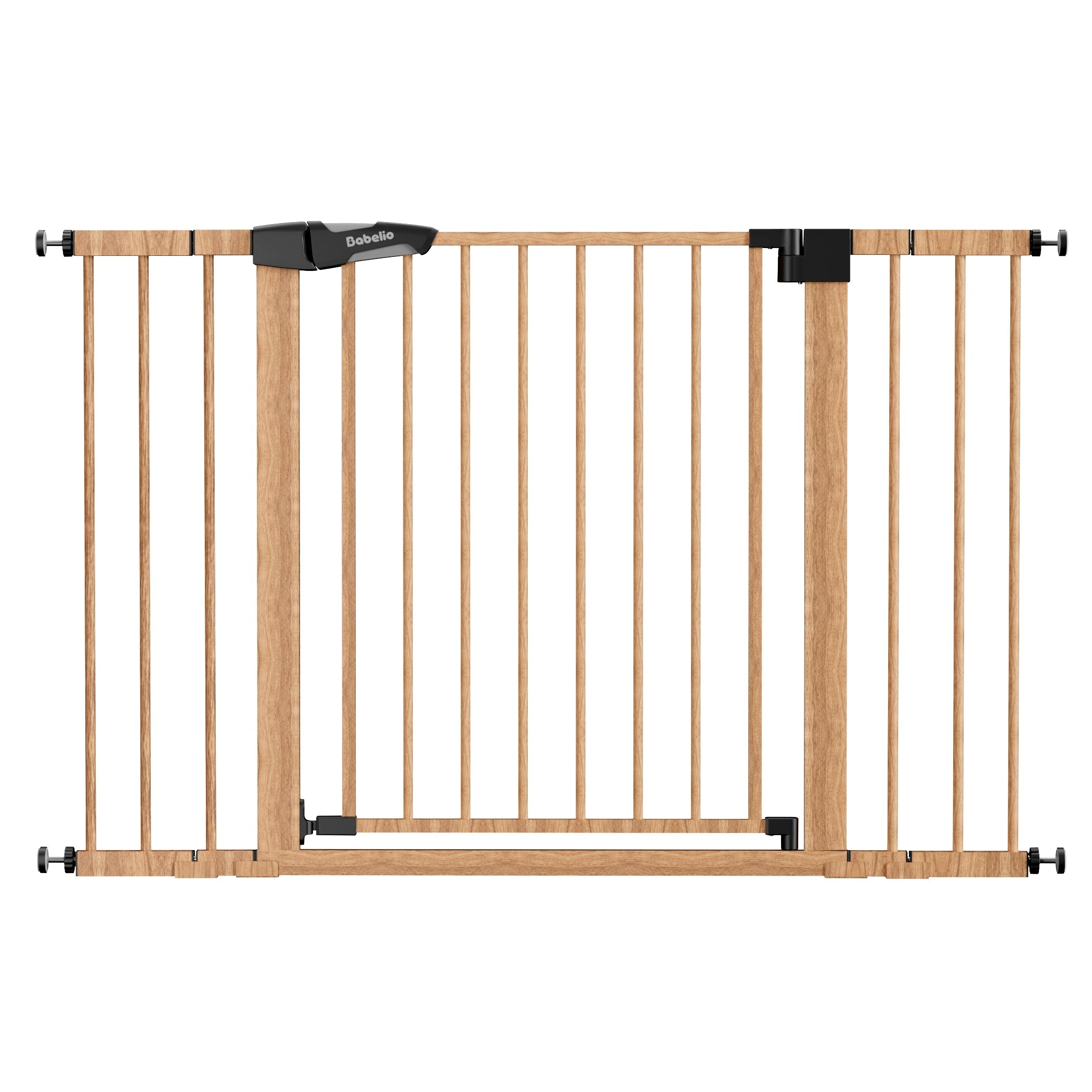 Babelio wood pattern pressure-mounted baby safety gate with black latch for stairways. #Color_Wood Pattern