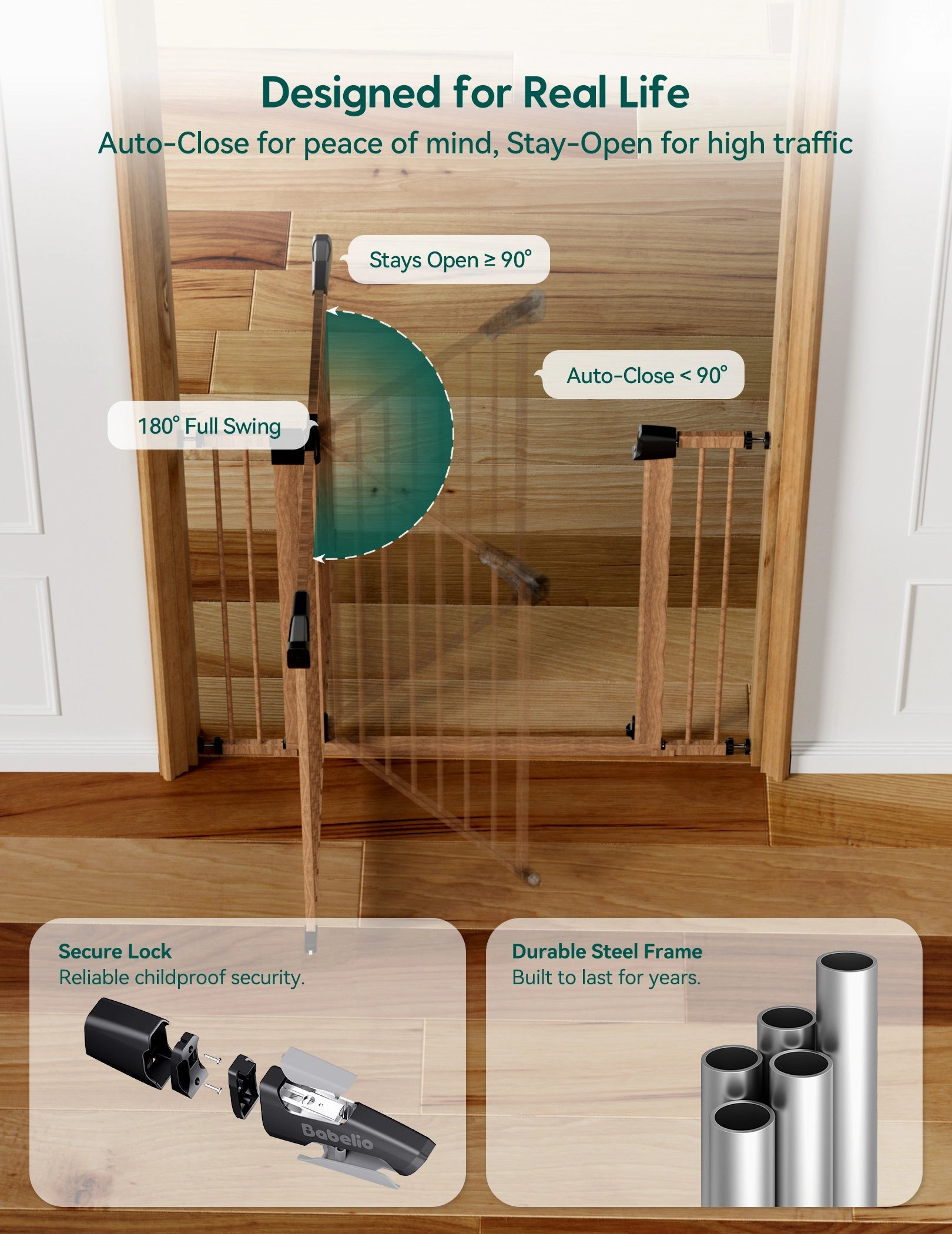 Babelio wood-pattern baby safety gate with auto-close feature installed on stairs. #Color_Wood Pattern