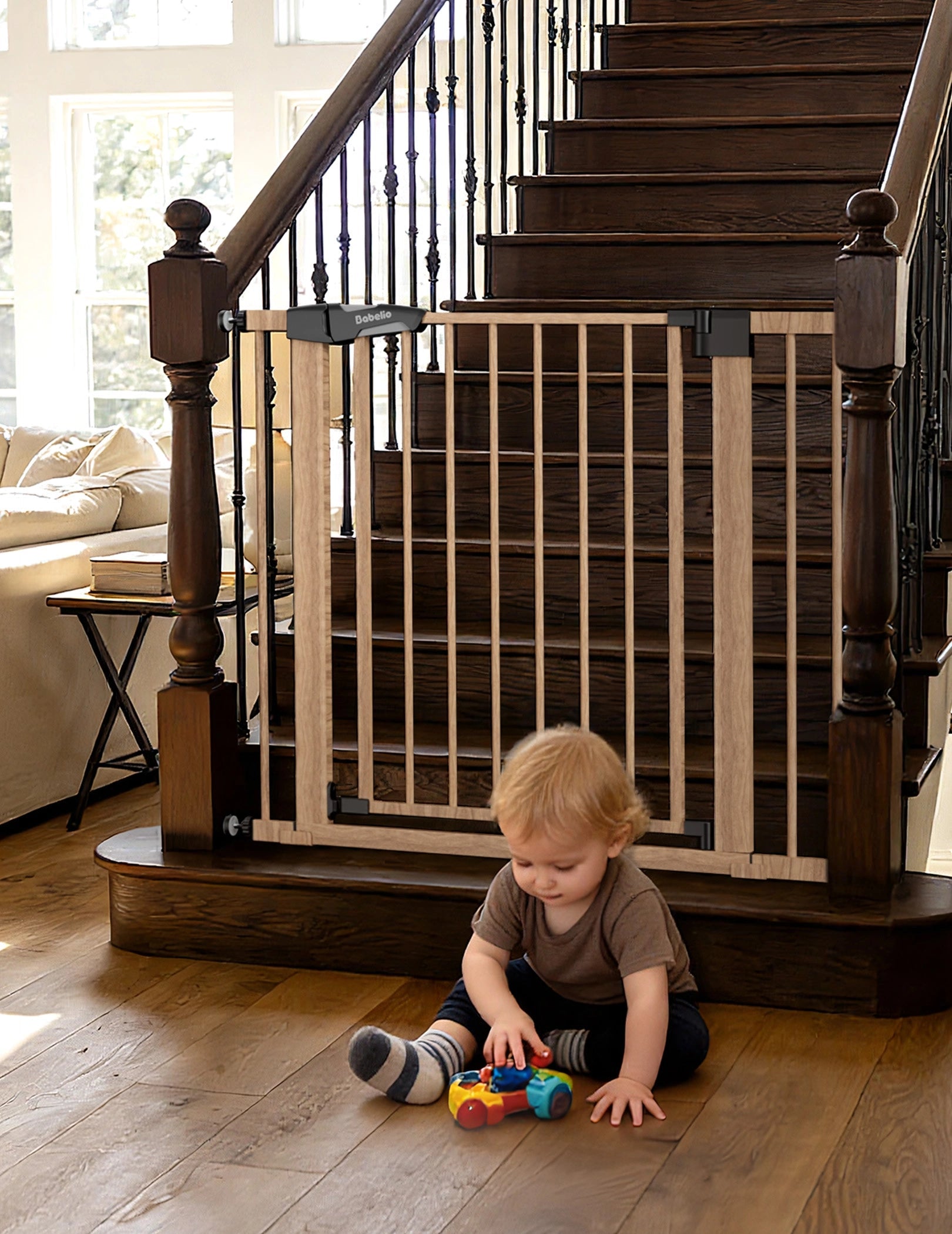 Babelio baby safety gate with wood pattern on stairs in living room, toddler playing nearby.  #Color_Wood Pattern