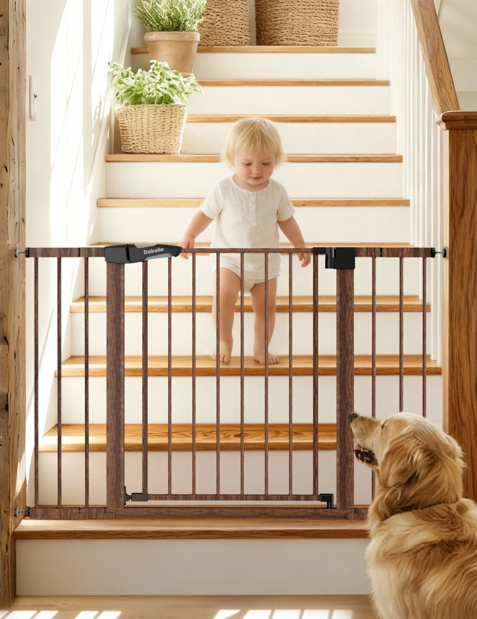 Babelio wood pattern baby safety gate on stairs with toddler and dog in a bright hallway  #Color_Brown Wood Pattern