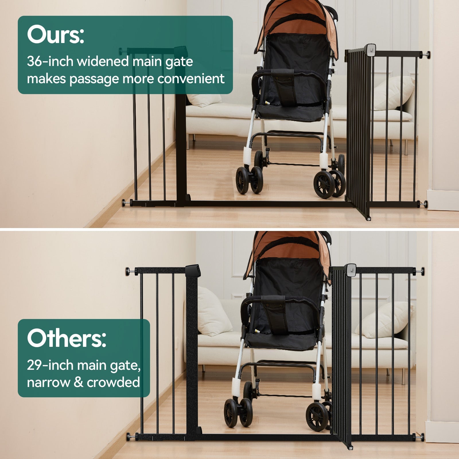 Babelio wide baby safety gate in a living room, shown next to a stroller and sofa.