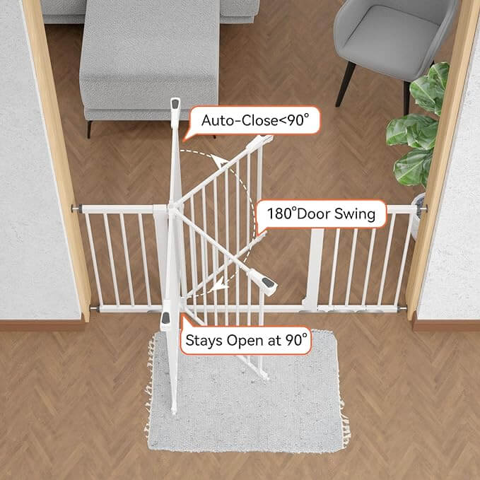 Babelio extra-wide baby safety gate installed in a living room doorway with swing options shown.