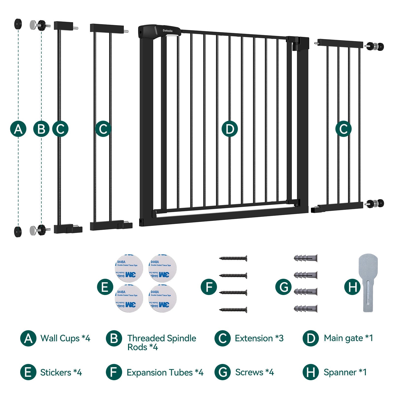 Babelio black baby safety gate kit with extensions and hardware for stairways or doorways