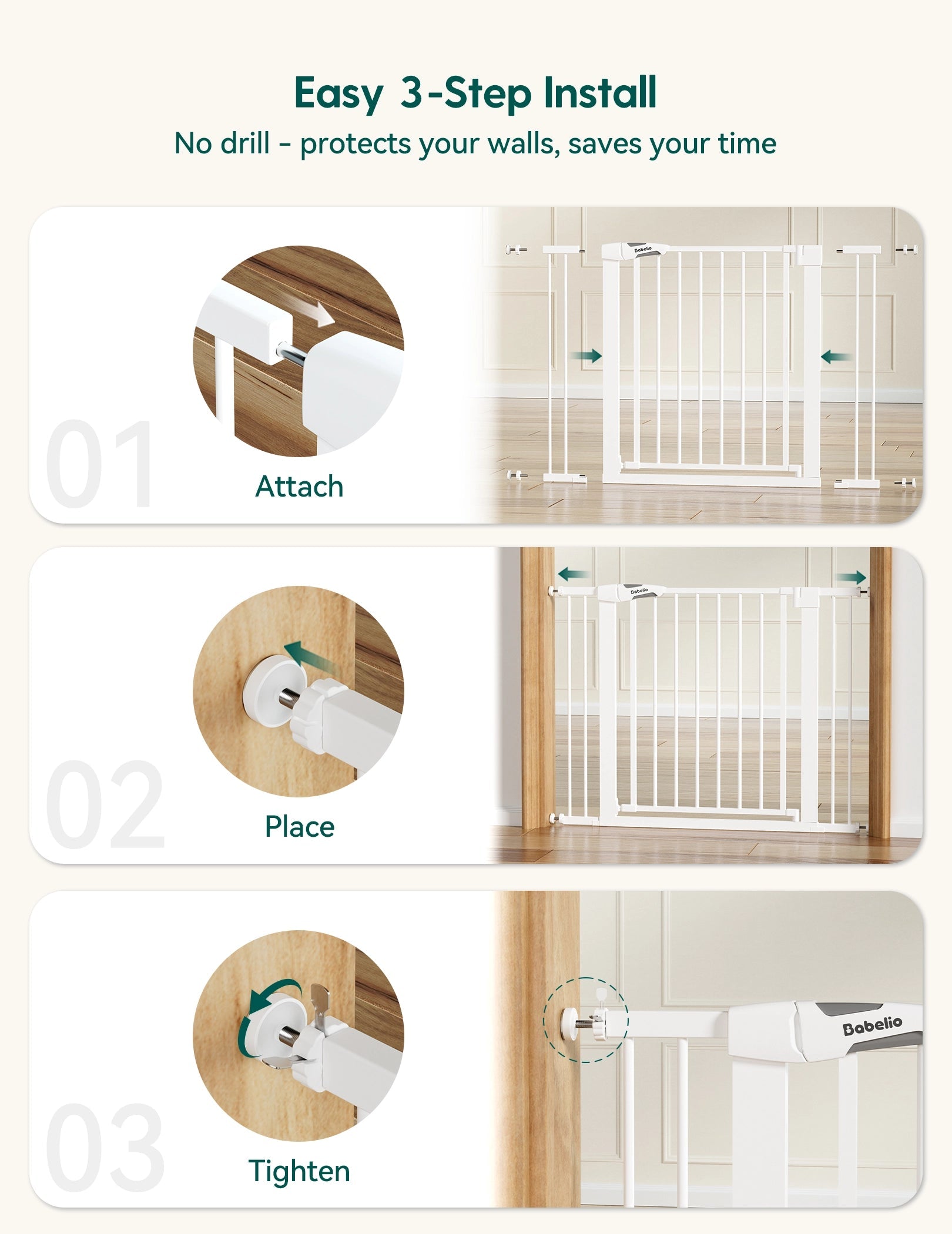 Babelio baby safety gate installation steps, pressure-mounted in a hallway setting#Color_White