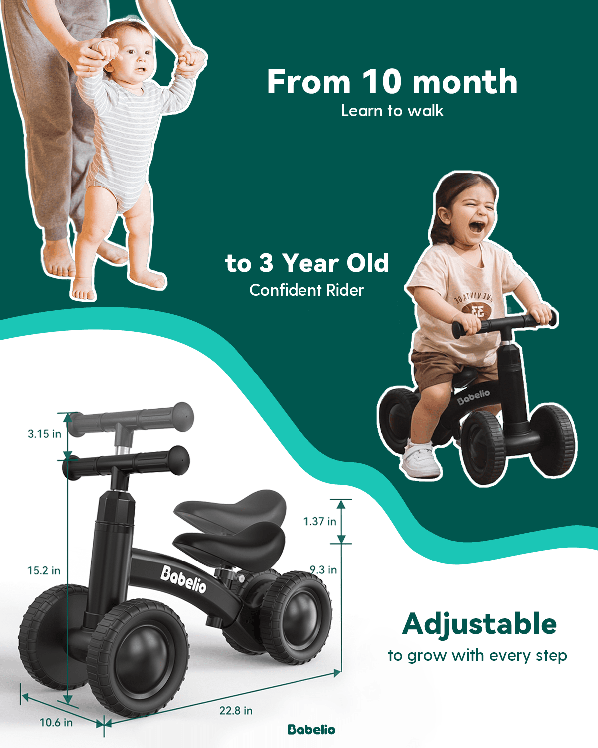 Babelio black toddler balance bike, adjustable, for children 10 months to 3 years, with kids riding and walking in a home setting.