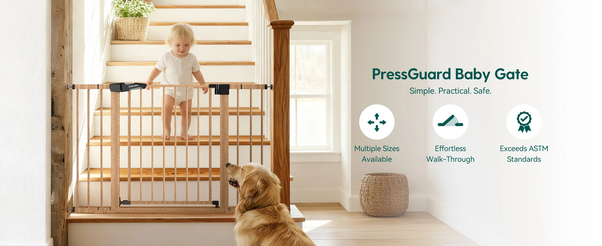 Wooden Pattern Baby Gate with a child and dog in a home setting. It showns the gate is Simaple, practical, safe. Multiple Sizes  Available ; Effortless  Walk-Through ; Exceeds ASTM  Standards